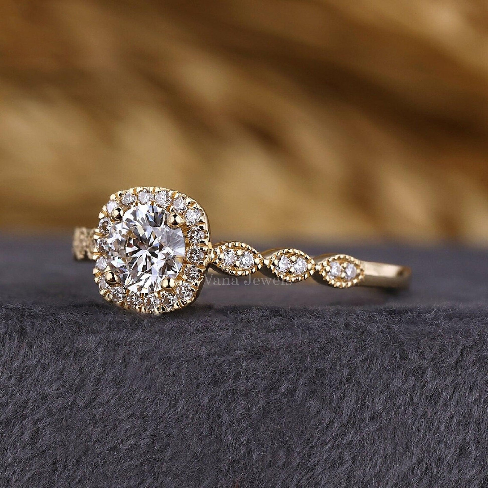 Round Lab Grown Diamond Halo - Pave Engagement Ring - Vana Jewels