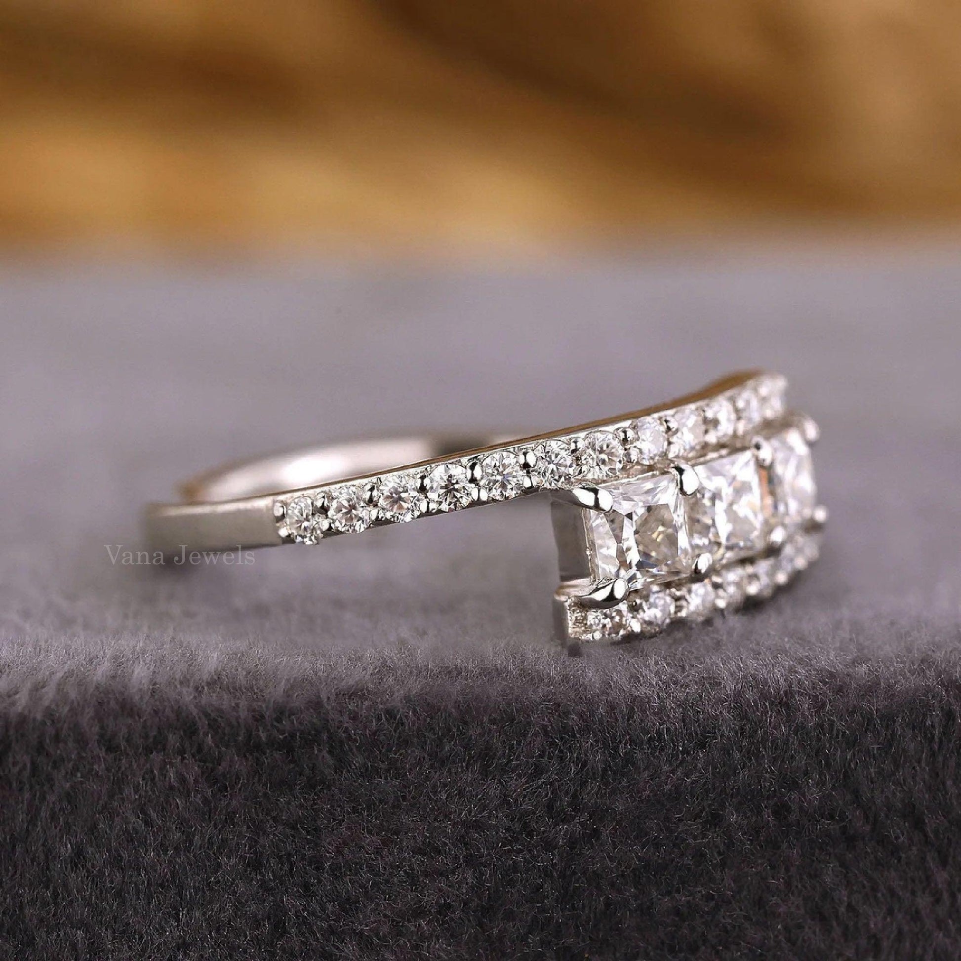 Three Stone Princess Cut Lab Grown Diamond Matching Wedding Band - Vana Jewels