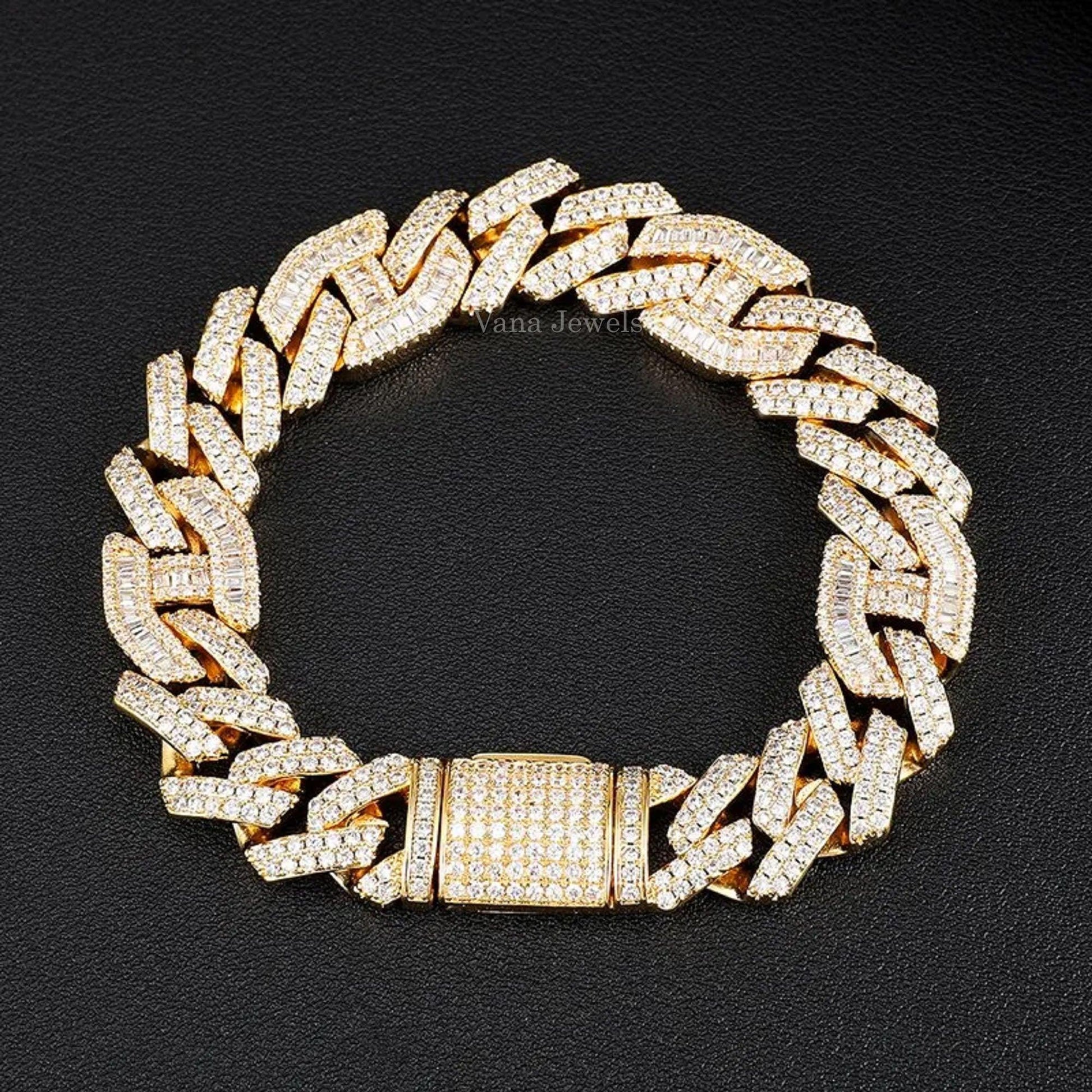 14mm Round & Baguette Cut Moissanite Cuban Bracelet - Vana Jewels