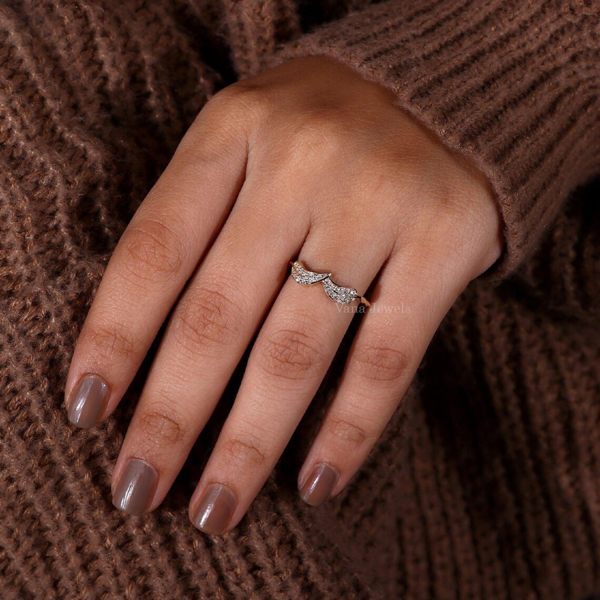 Unique Round Lab Grown Diamond Leaf Ring - Vana Jewels