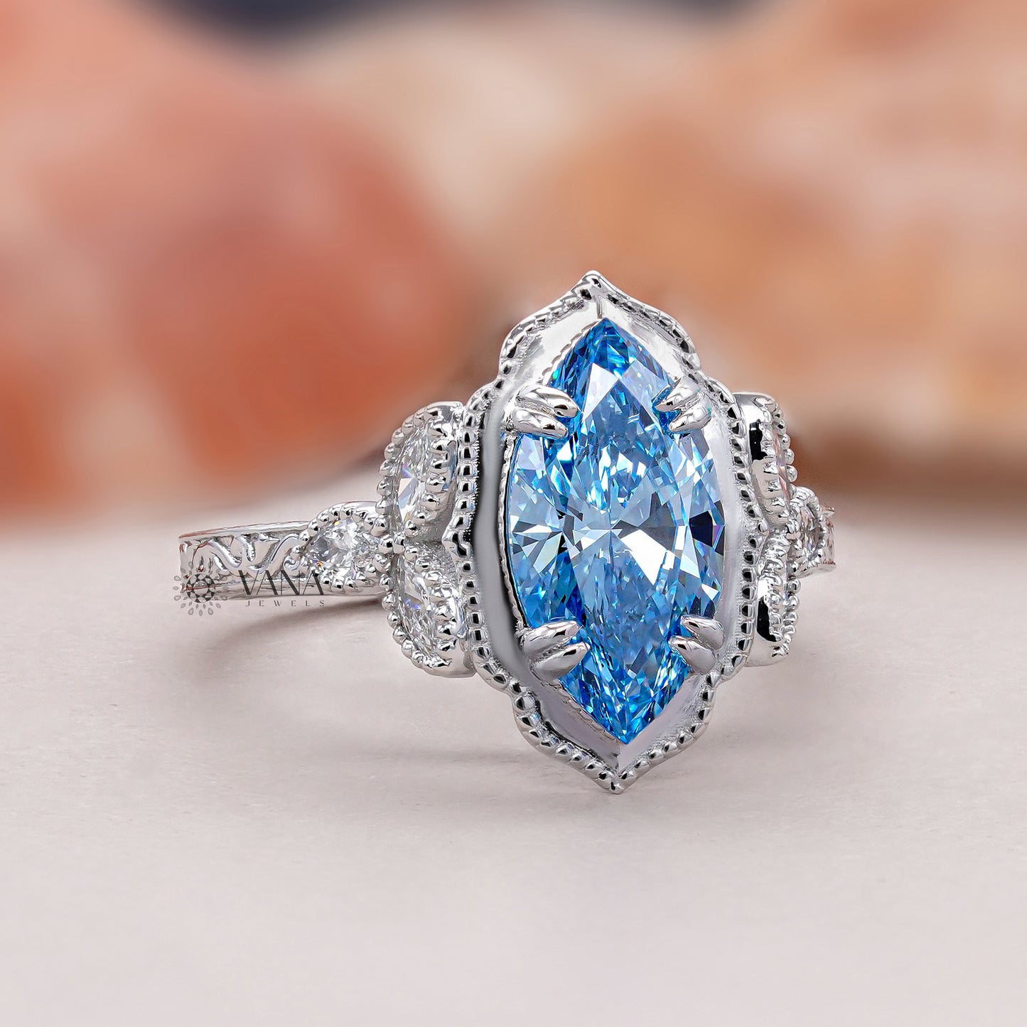 Vivid Blue Marquise Diamond Engagement Ring with Double Claw Prong & Milgrain Setting