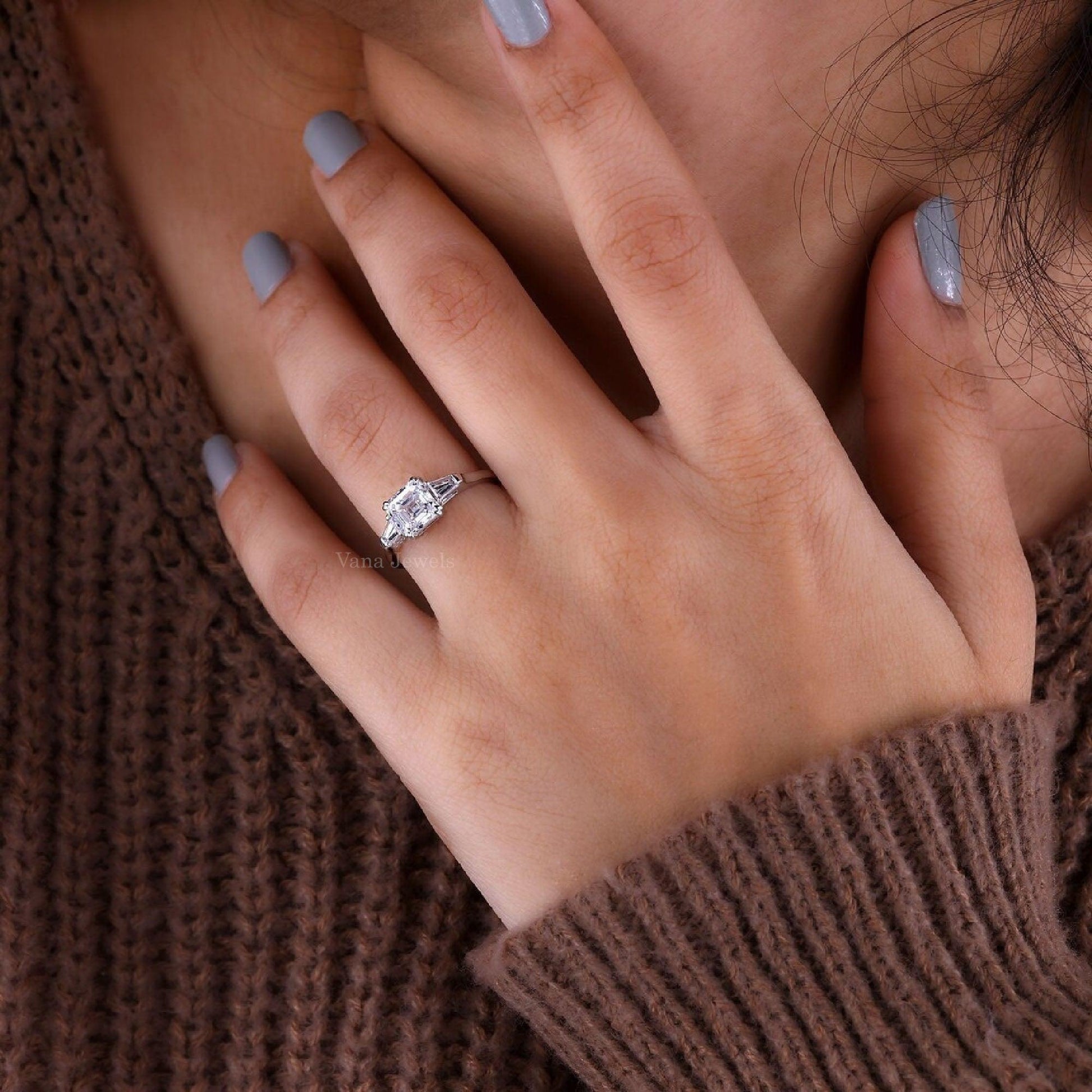 Unique Three Stone Asscher Cut Lab Grown Diamond Engagement Ring - Vana Jewels