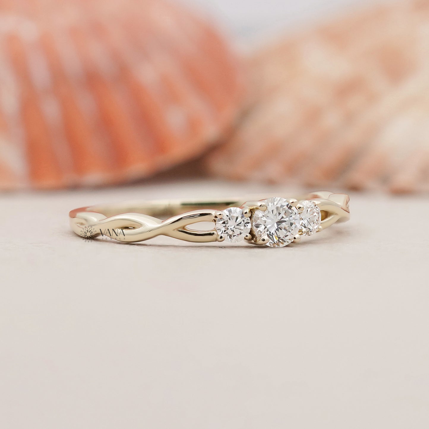 Minimalist Three Stone Round Lab Grown Diamond Twisted Wedding Band