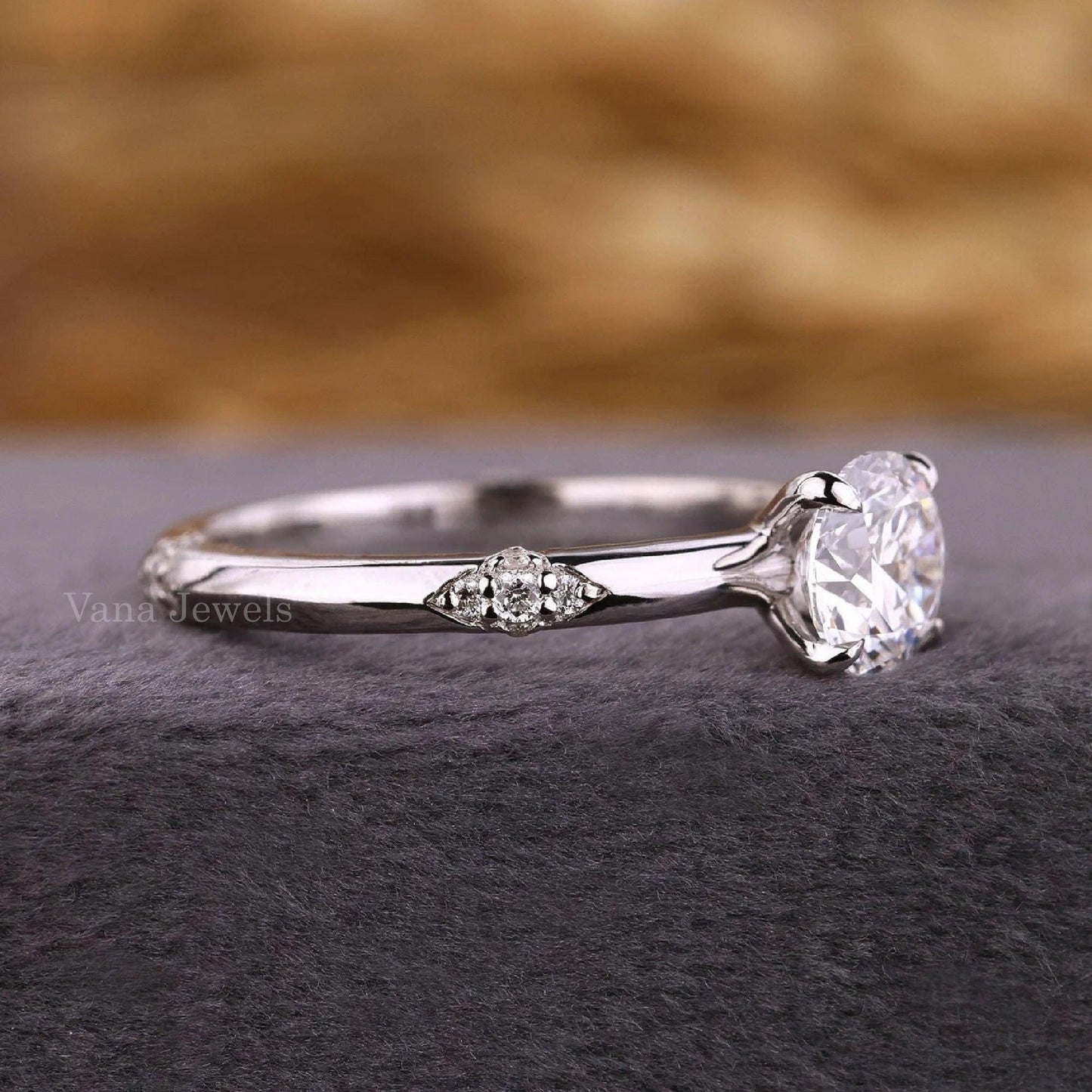 Round Cut Lab Grown Diamond Engagement Ring, Unique Designer Ring - Vana Jewels