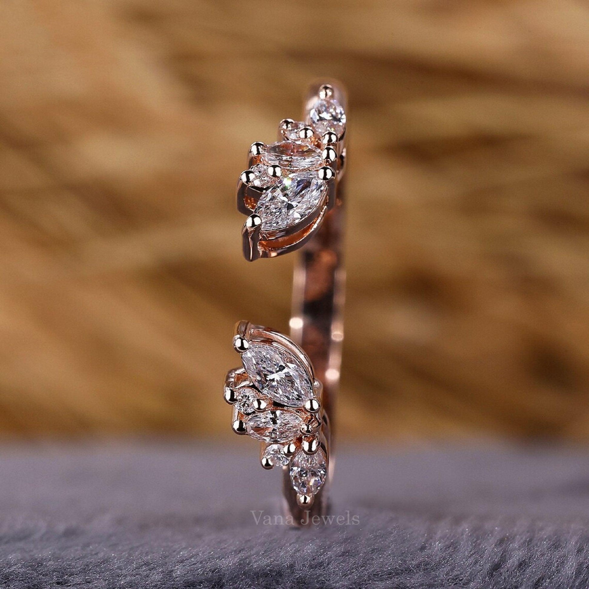 Unique Marquise & Round Cut Lab Grown Diamond Open Gap Wedding Band, Perfect Gap Stacking Ring - Vana Jewels