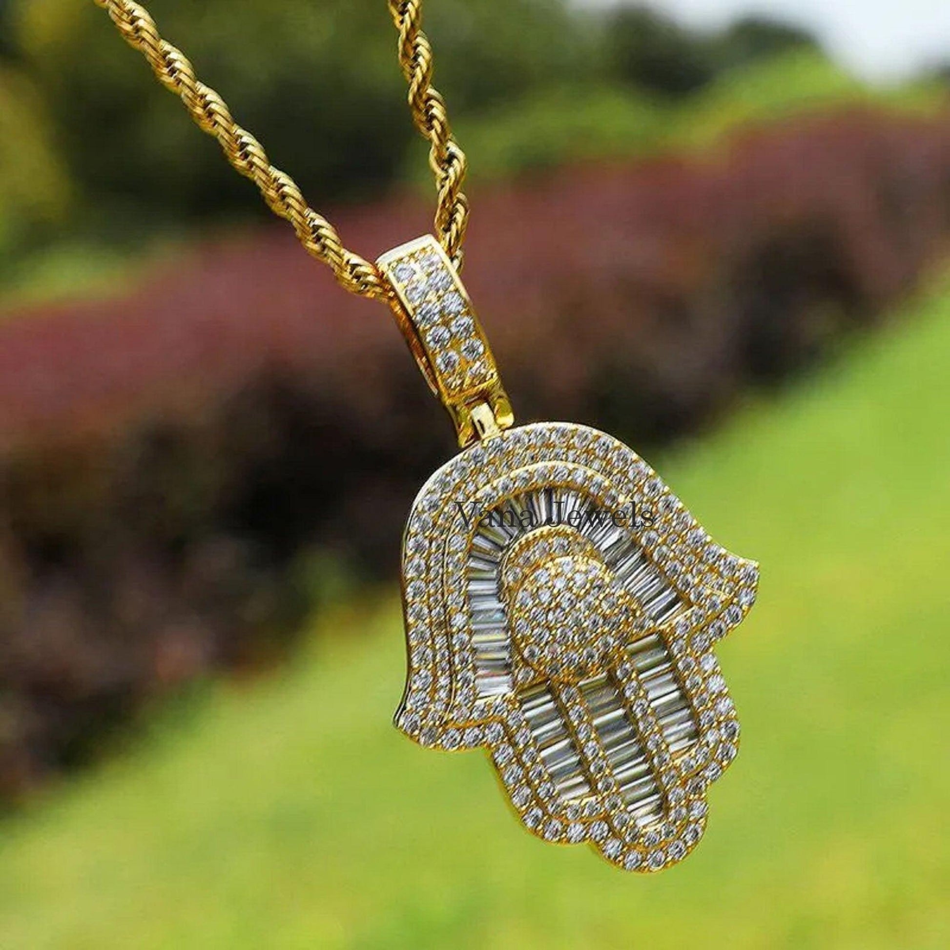 5.48 TCW Moissanite Diamond Hamsa Pendant - Vana Jewels