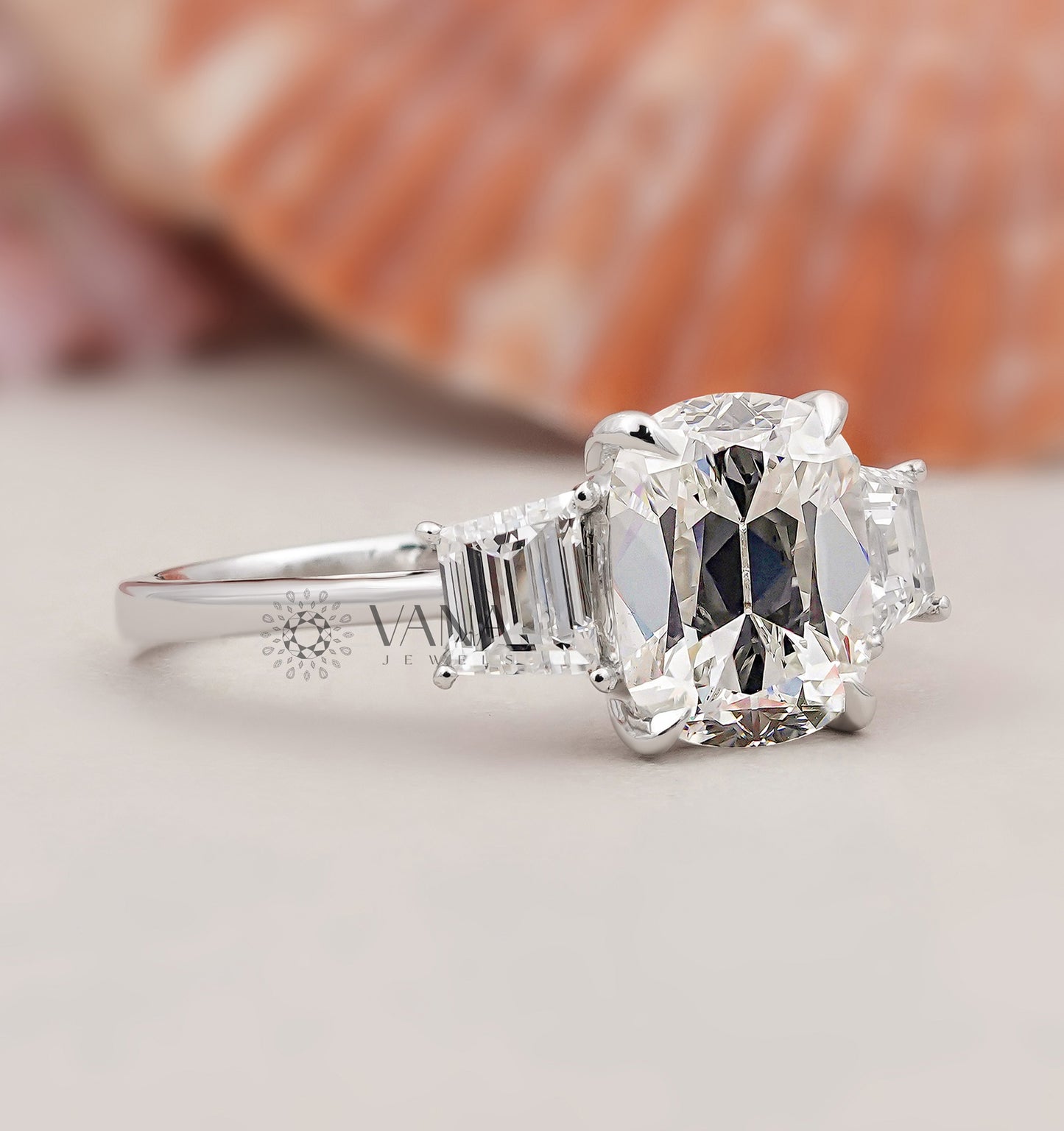 Cushion Old Mine Cut Three Stone Lab Grown Diamond Engagement Ring in White Gold