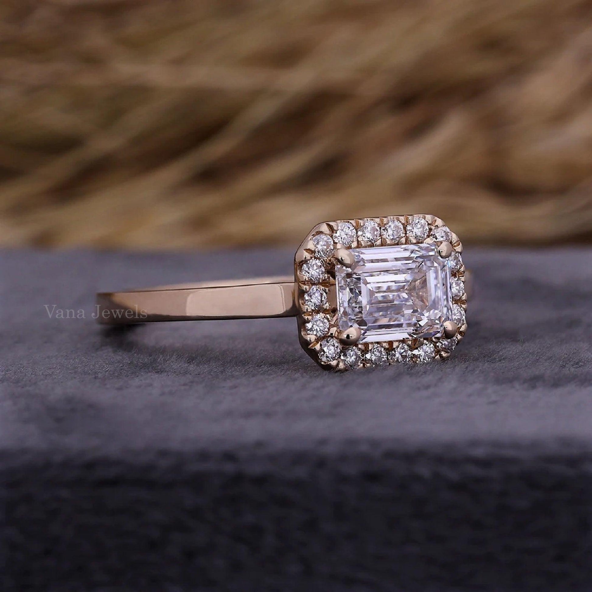 Emerald Cut Lab Grown Diamond Halo Engagement Ring - Vana Jewels