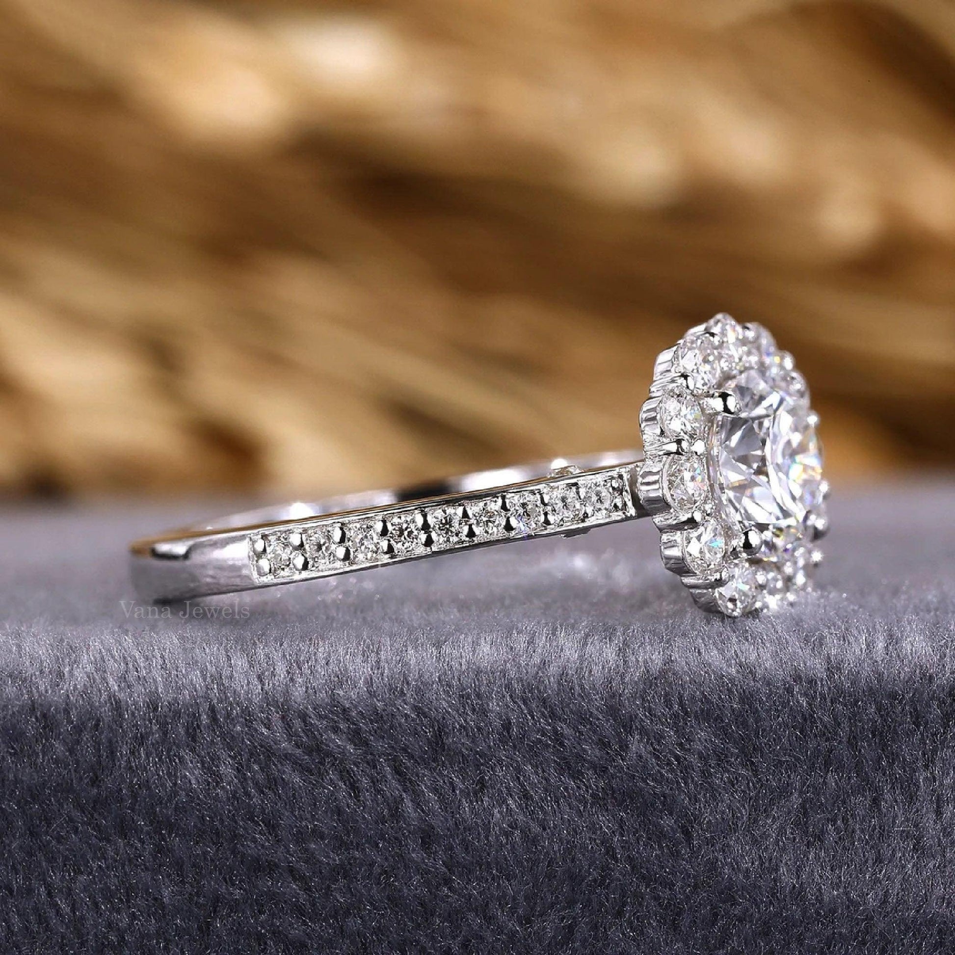 Round Brilliant Diamond Halo Engagement Ring with Pave Setting - Vana Jewels