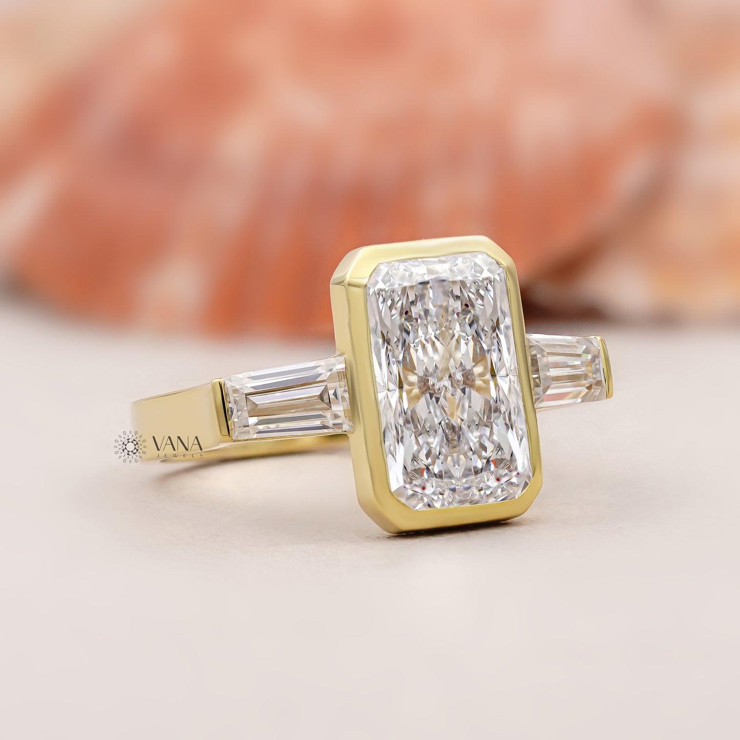 Radiant Cut Lab Grown Diamond Three Stone Engagement Ring with Tapered Baguette