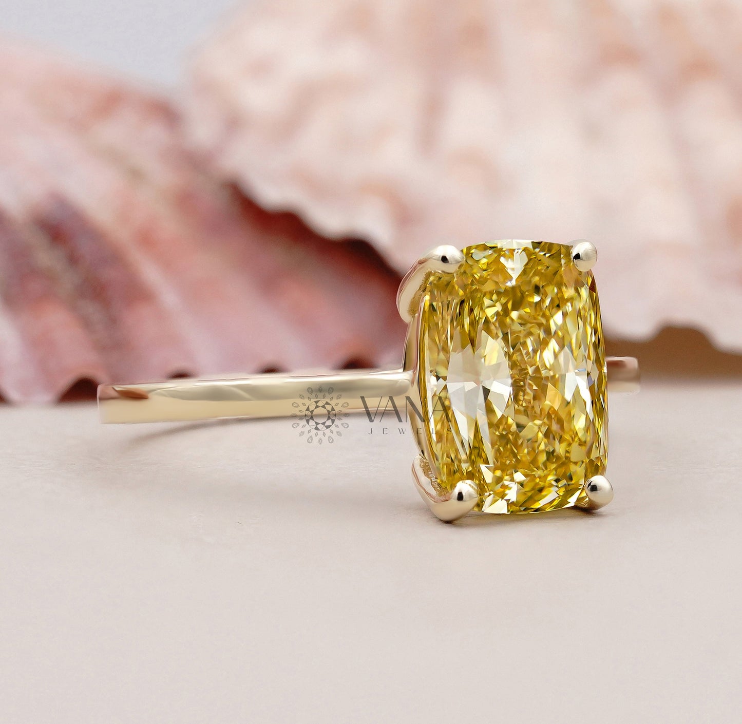 Fancy Yellow Cushion Cut Lab Grown Diamond Solitaire Ring in 14K Solid Gold