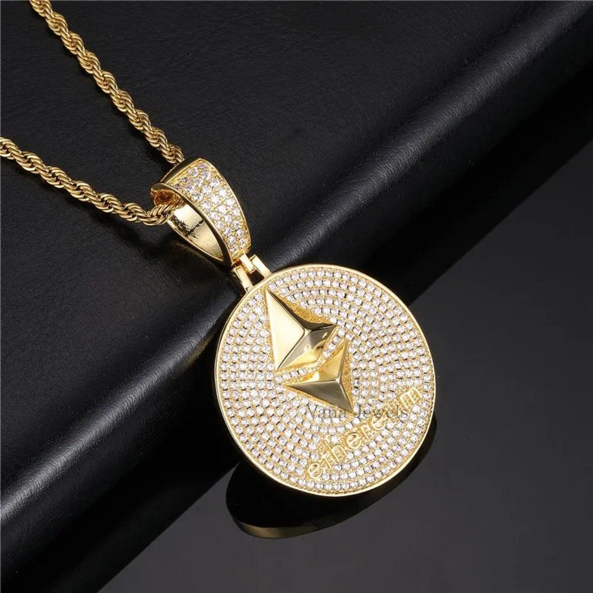 Ethereum Iced Out Pendant, Hip Hop Pendant, 925 Sterling Silver Round Cut Moissanite Pendant - Vana Jewels