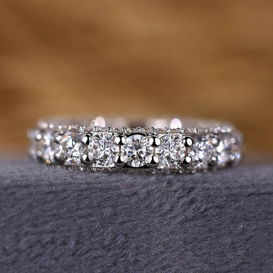 Round Lab Grown Diamond Luxury Wedding Band, Three Side Pave Diamond Band - Vana Jewels