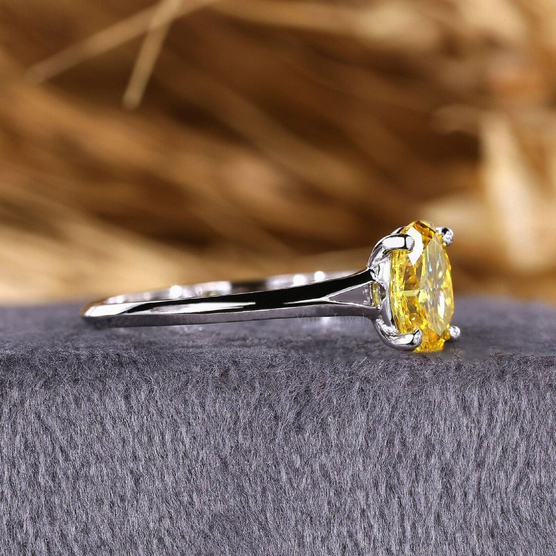 Elegant Yellow Oval Cut Lab Created Diamond Engagement Ring, Knife Edge Ring - Vana Jewels