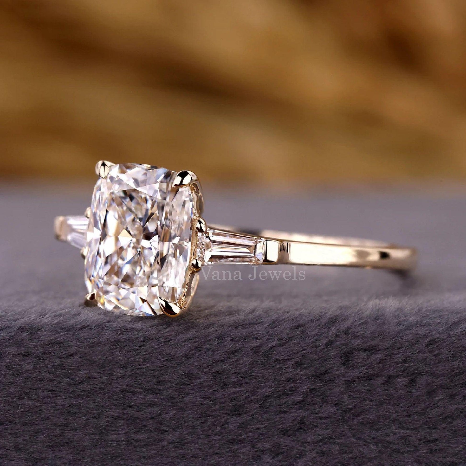 Cushion Cut Lab Created Diamond Three Stones Engagement Ring - Vana Jewels