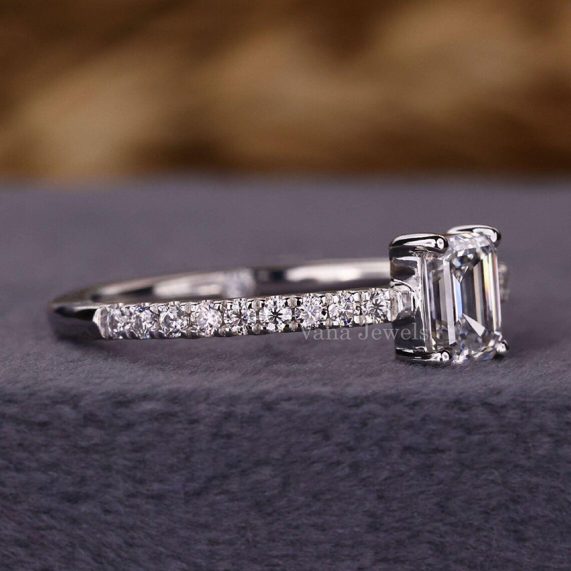 Emerald Cut Lab Grown Diamond Ring, Pave Set Engagement Ring - Vana Jewels