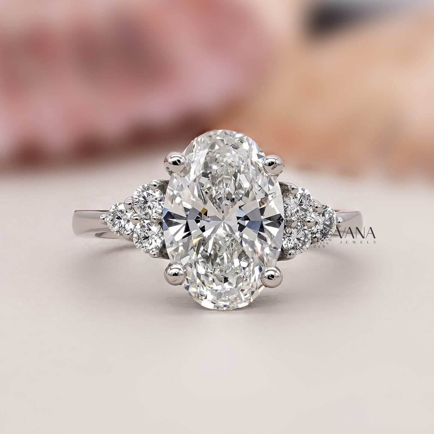 Oval Lab Grown Diamond Engagement Ring with Side Accents in White Gold
