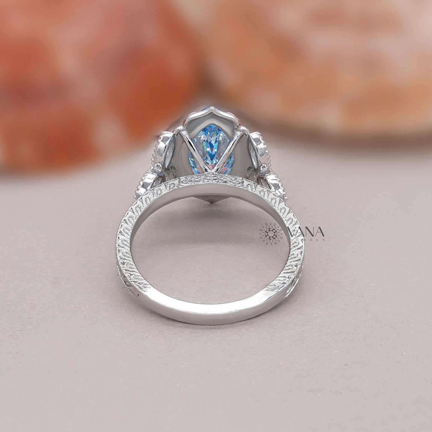 Vivid Blue Marquise Diamond Engagement Ring with Double Claw Prong & Milgrain Setting