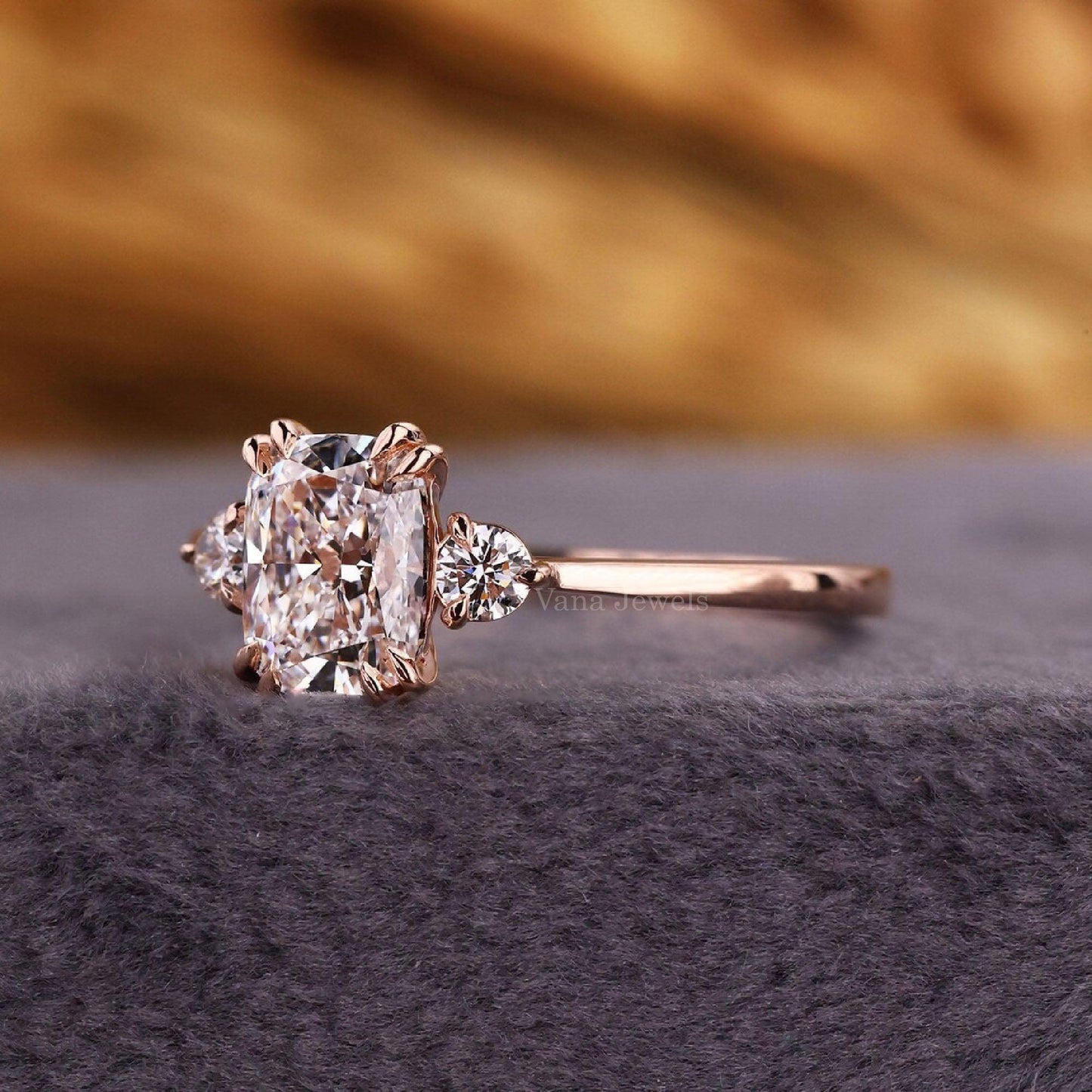 Cushion Cut Lab Created Diamond Three Stones Engagement Ring - Vana Jewels