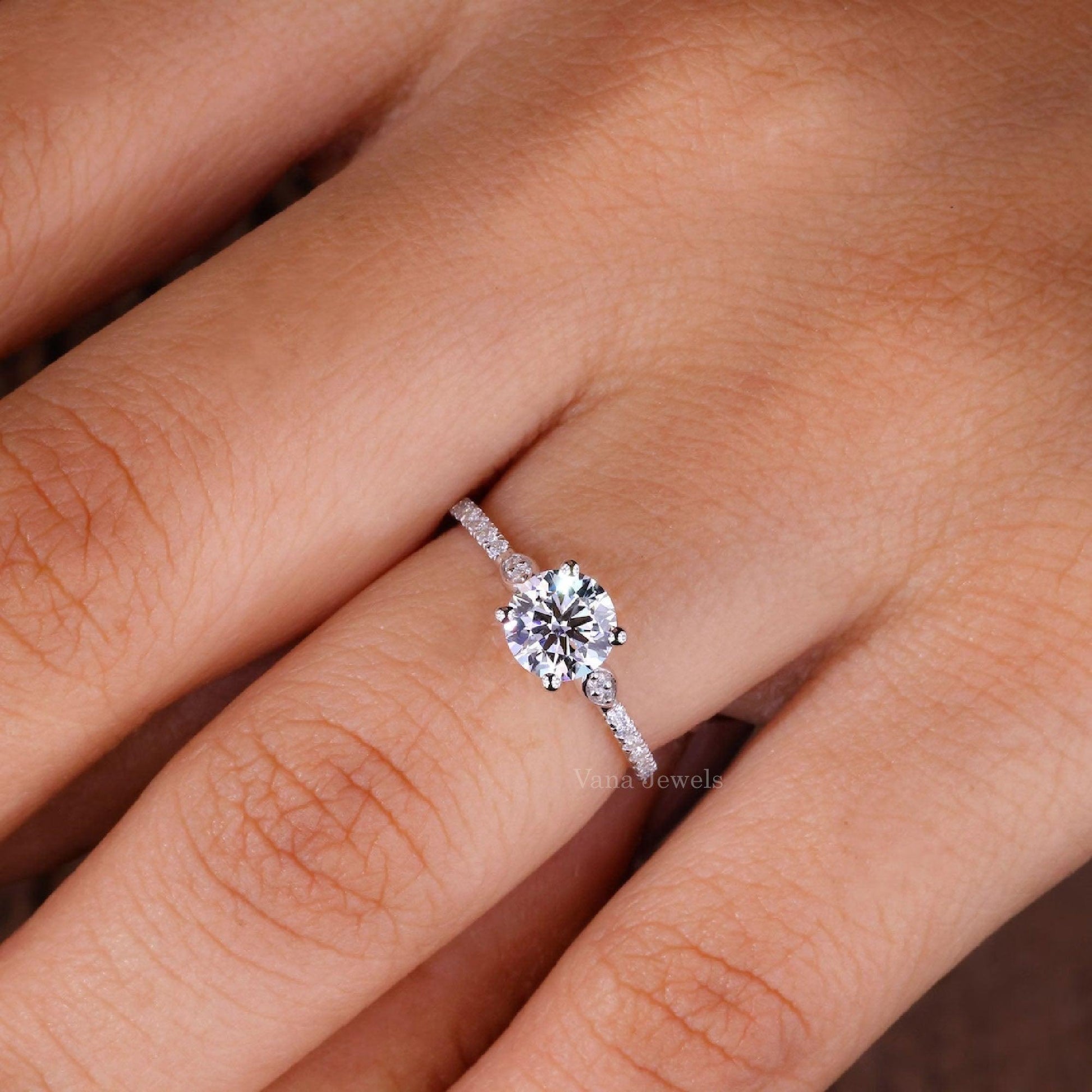 Vintage Style Round Lab Created Diamond Pave Engagement Ring - Vana Jewels