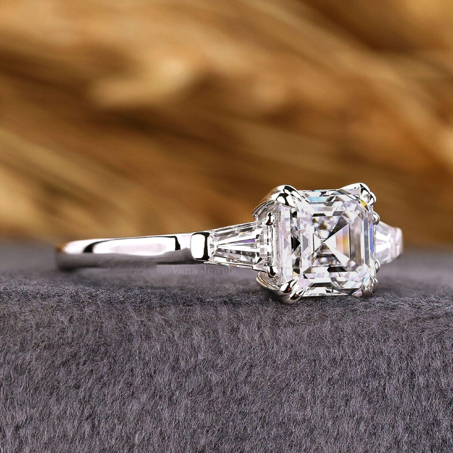 Unique Three Stone Asscher Cut Lab Grown Diamond Engagement Ring - Vana Jewels