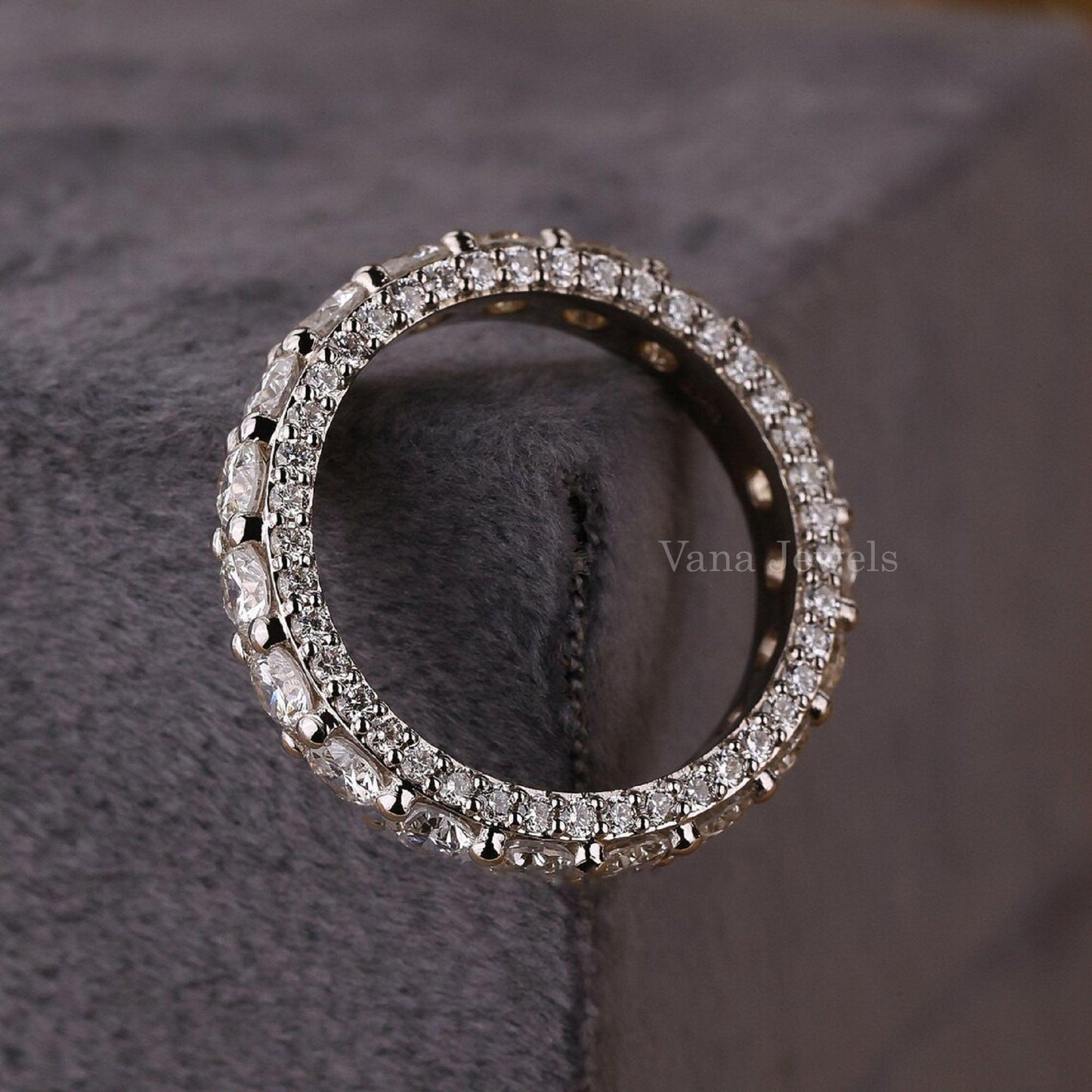 Round Lab Grown Diamond Luxury Wedding Band, Three Side Pave Diamond Band - Vana Jewels