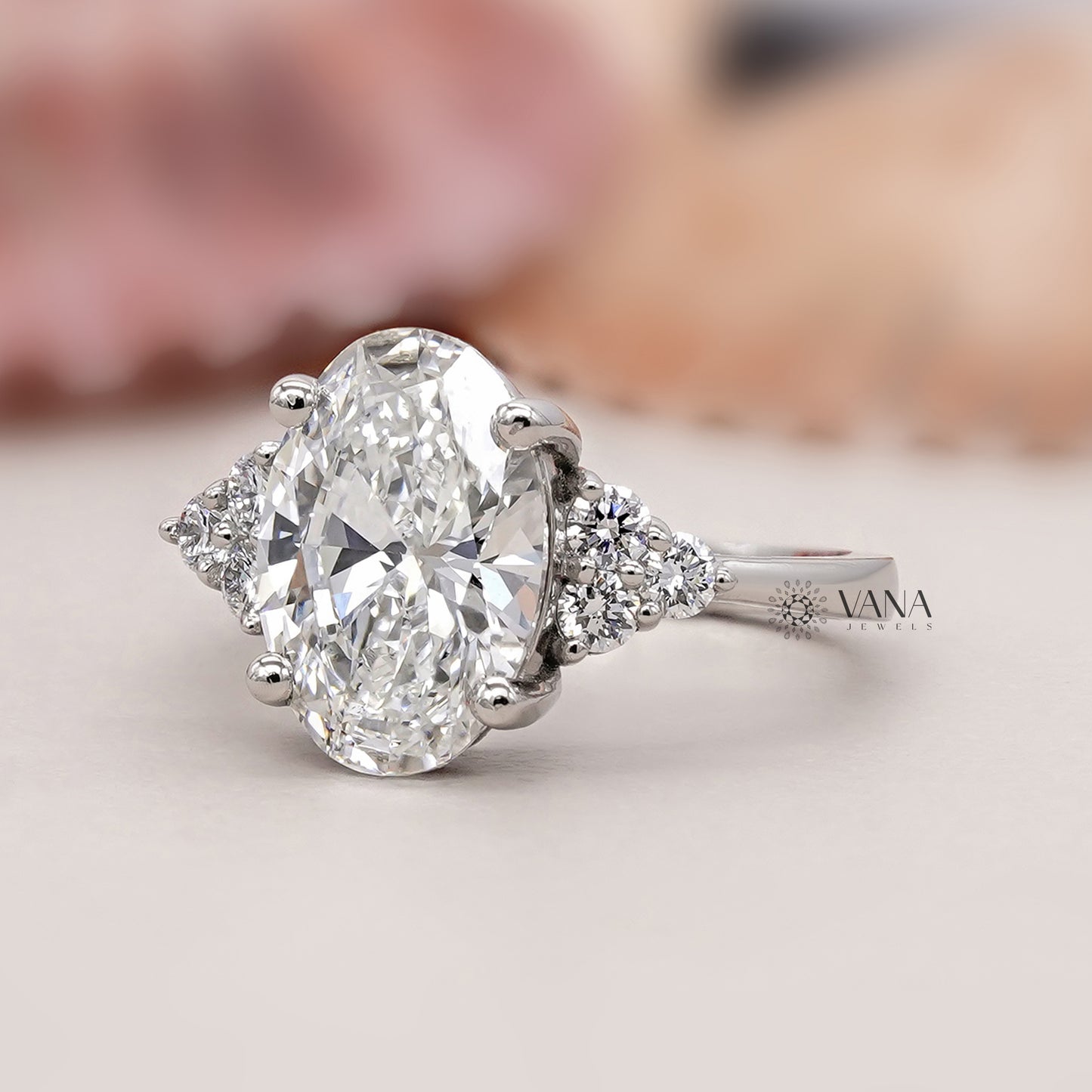 Oval Lab Grown Diamond Engagement Ring with Side Accents in White Gold