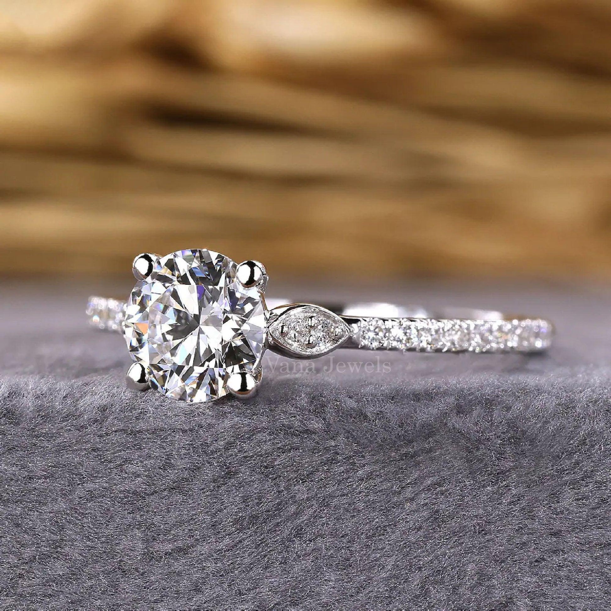 Vintage Style Round Lab Created Diamond Pave Engagement Ring - Vana Jewels