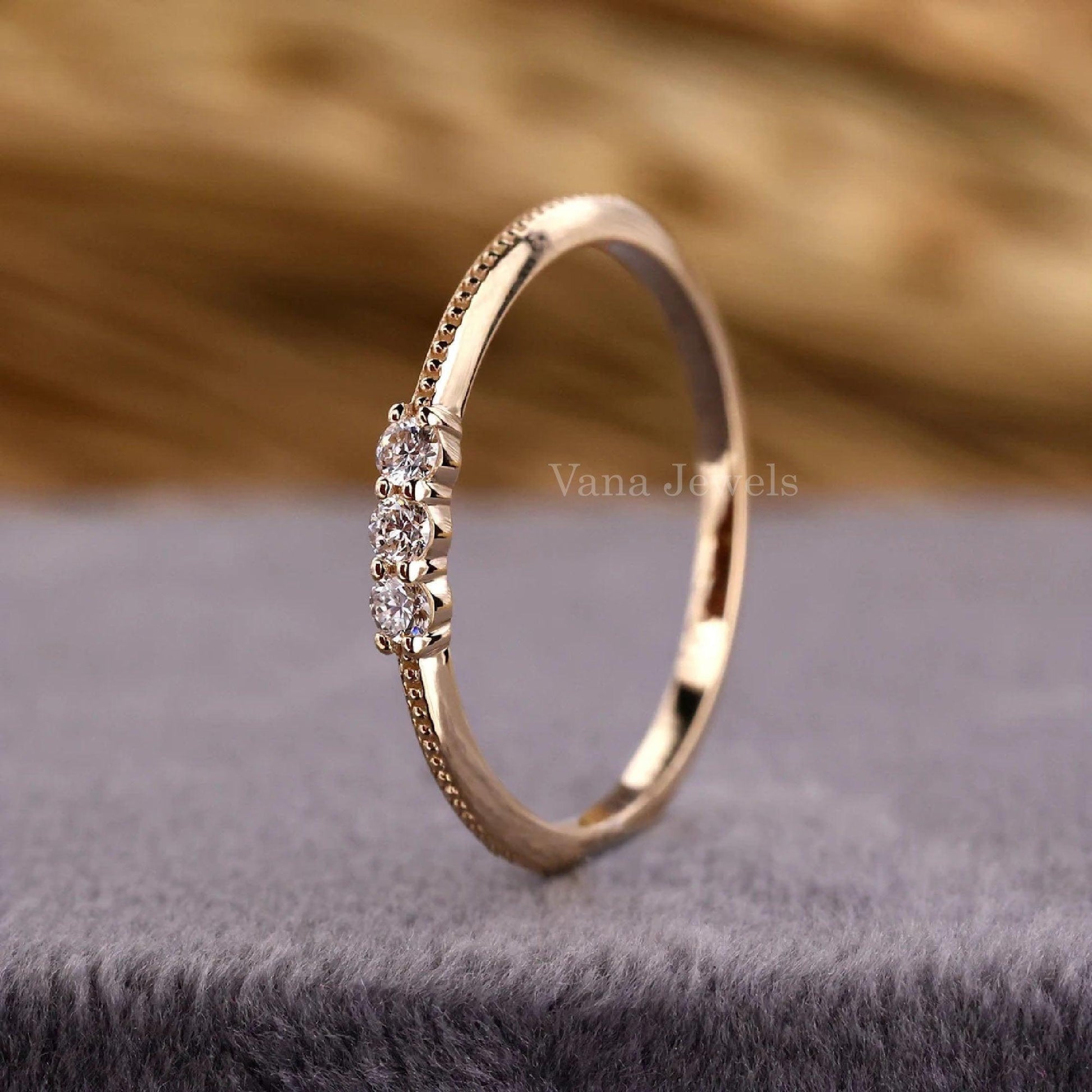 Three Stone Round Lab Grown Wedding Band - Vana Jewels