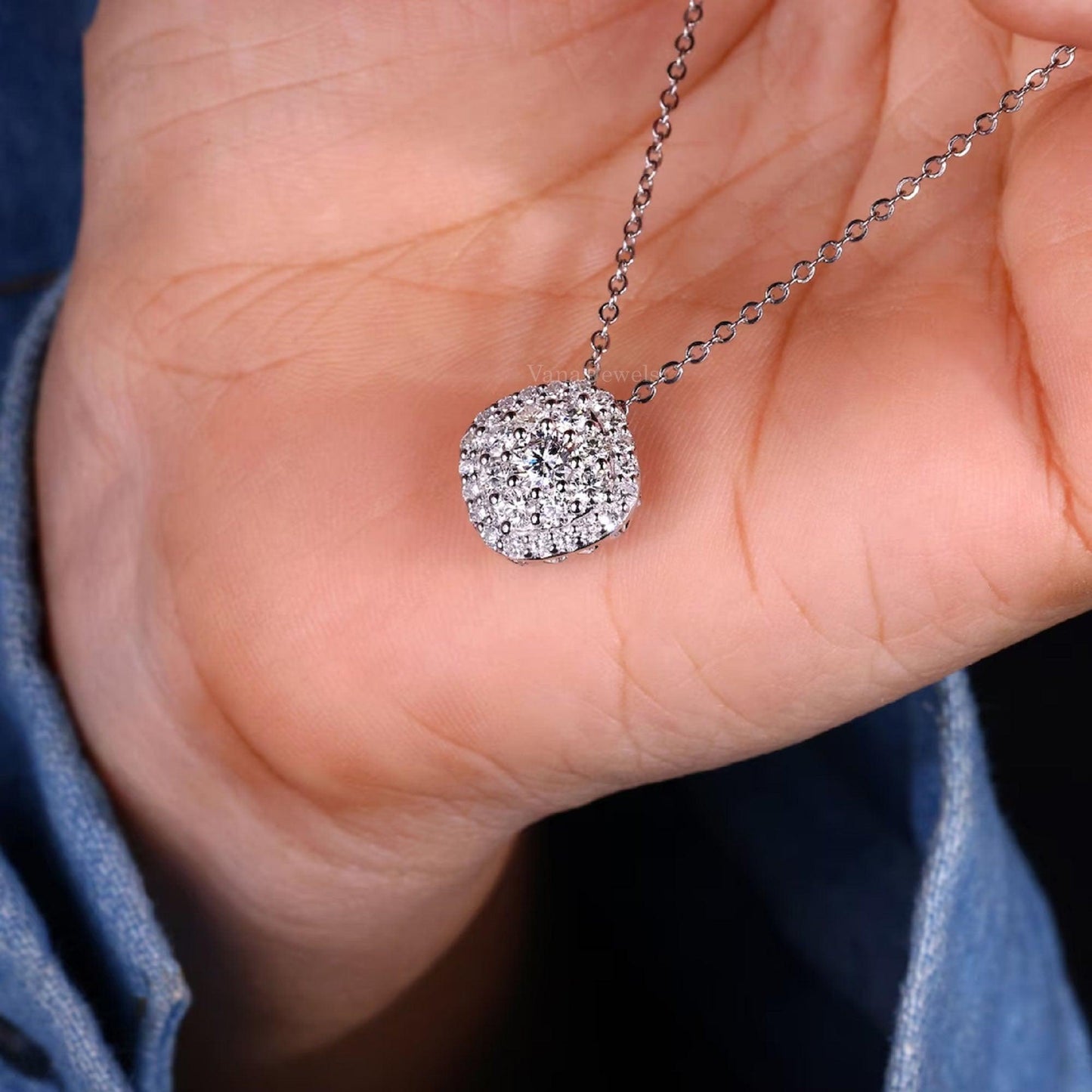 Round Lab Grown Diamond Double Halo Pendant Necklace - Vana Jewels