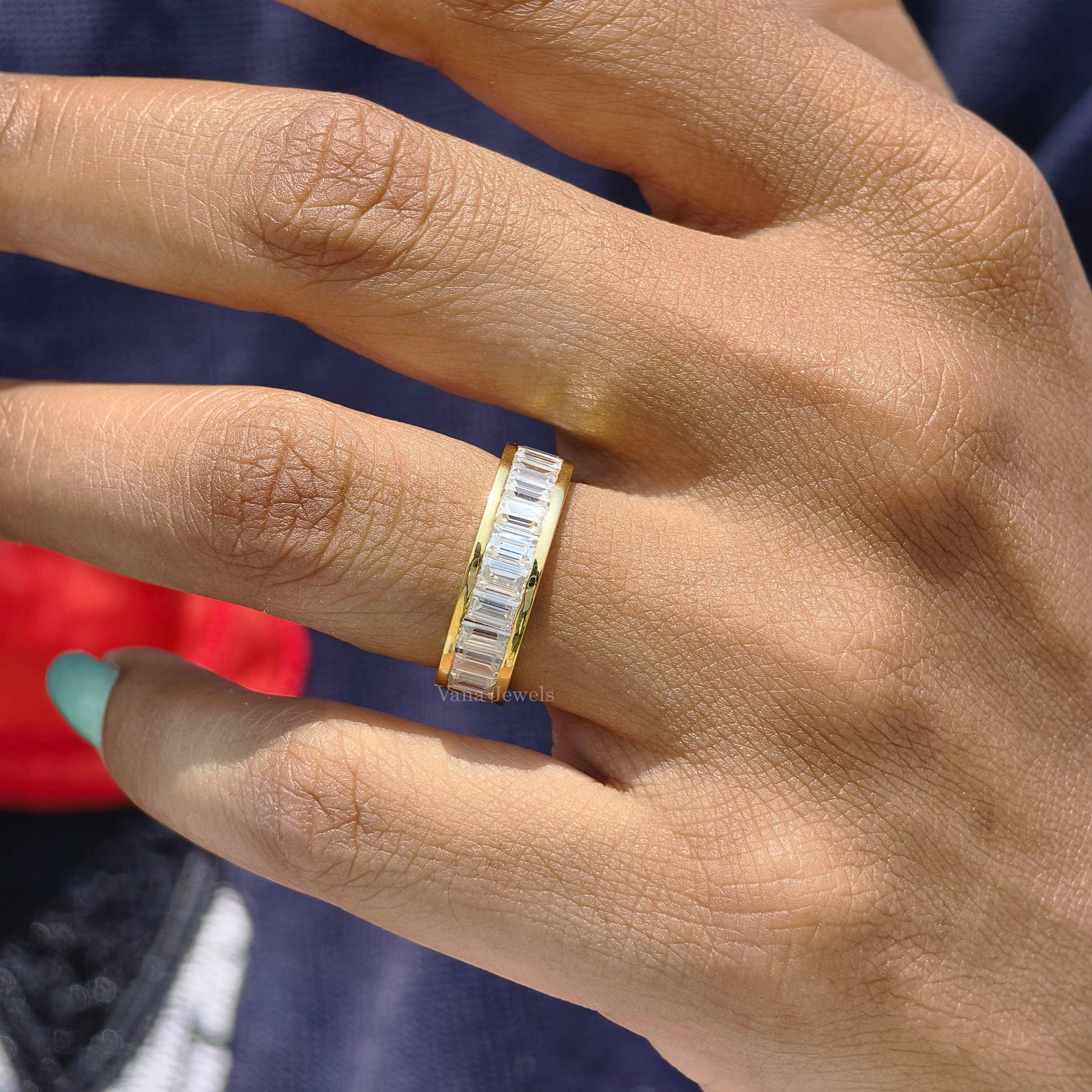 Baguette Moissanite Eternity Band, Channel Set Yellow Gold Ring