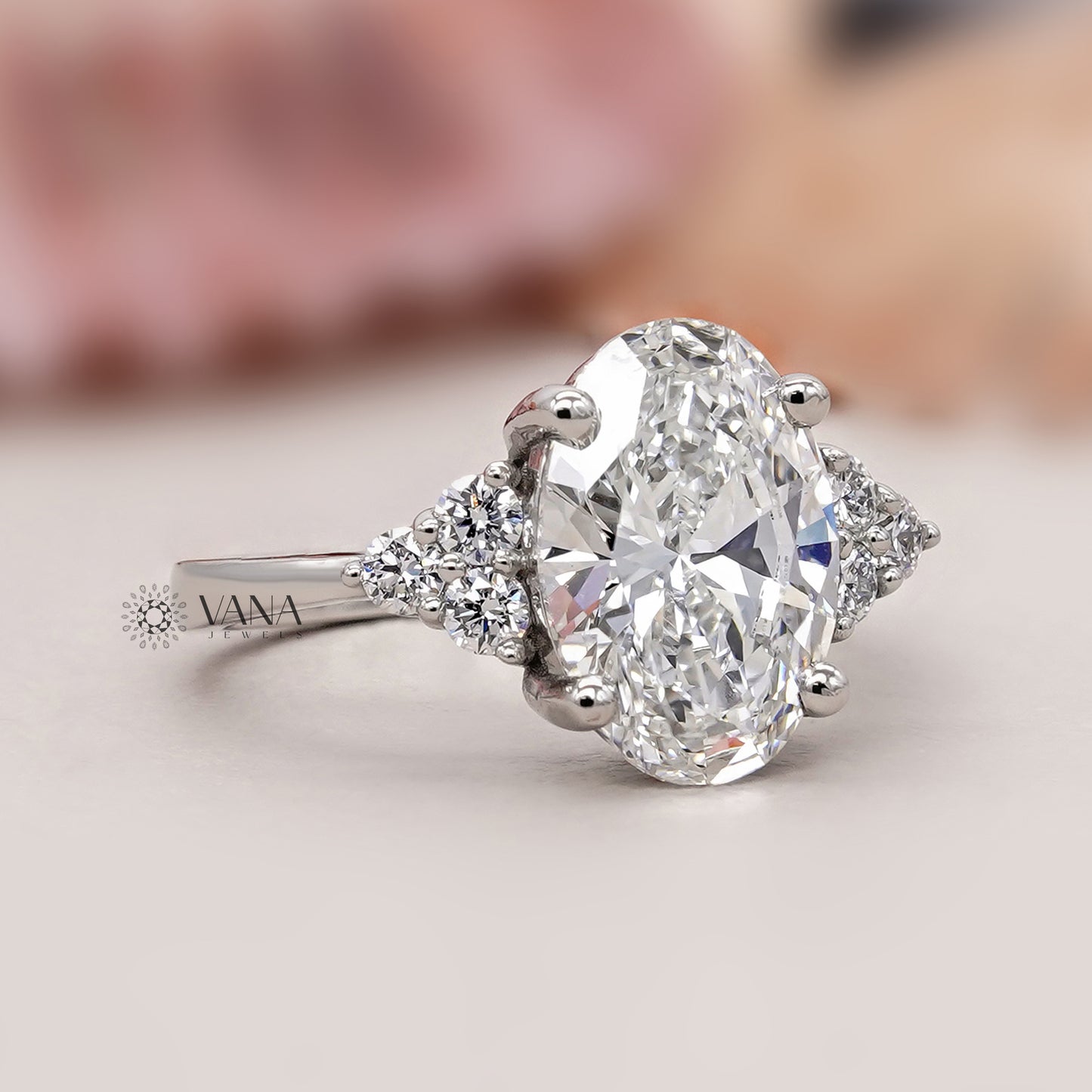 Oval Lab Grown Diamond Engagement Ring with Side Accents in White Gold