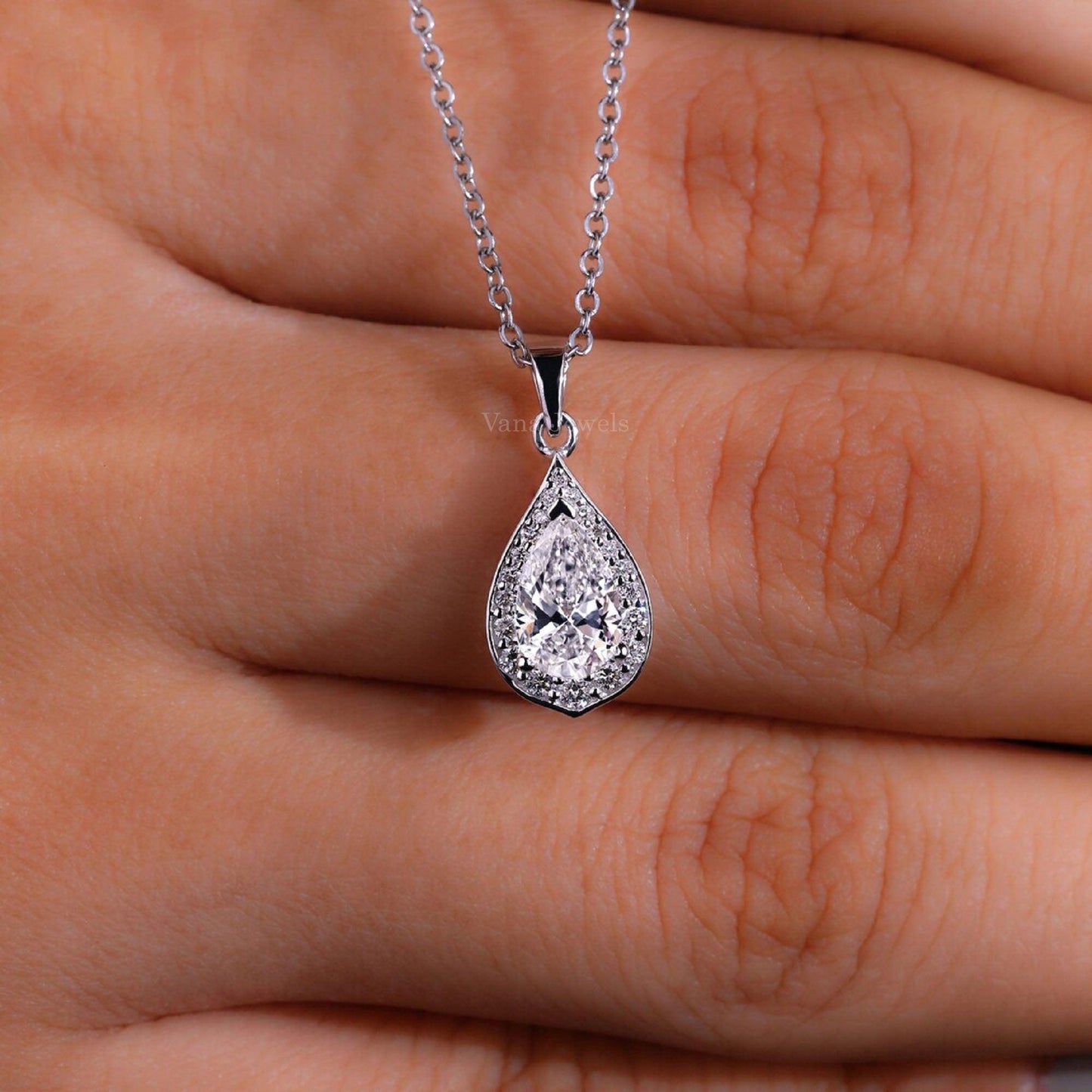 Pear Shaped Diamond Pendant Unique Halo Diamond Pendant for Women - Vana Jewels