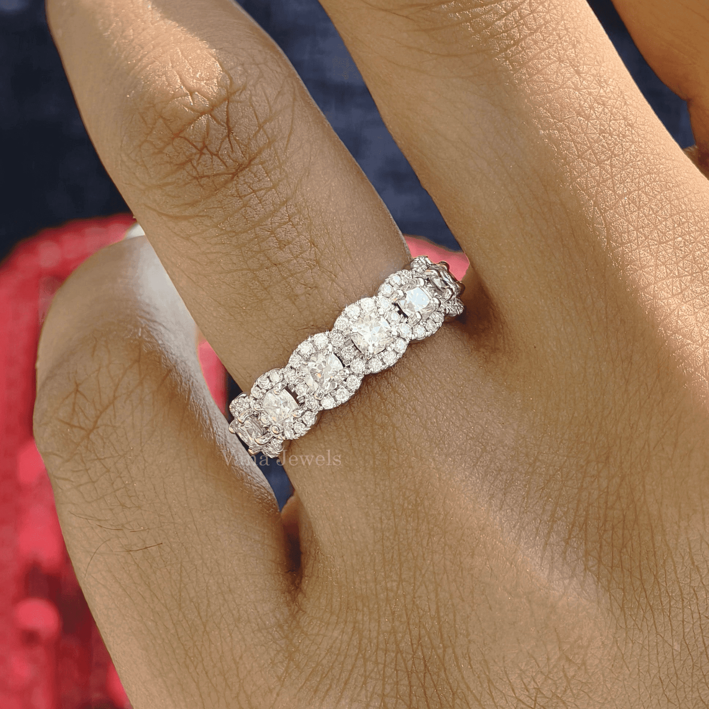 1.42 TCW Cushion Cut Moissanite Band, 7 Stone Square Cushion Cut Halo Eternity Band - Vana Jewels