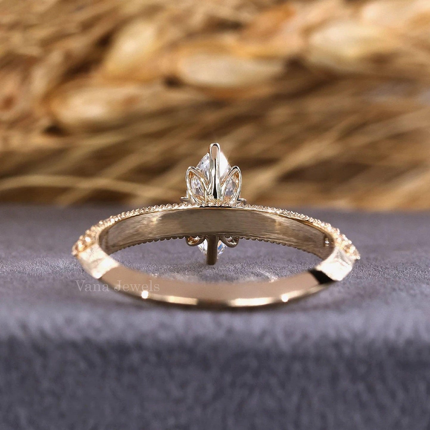 Unique Vintage Marquise Cut Lab Grown Diamond Engagement Ring, Three Side Pave Set Wedding Ring - Vana Jewels