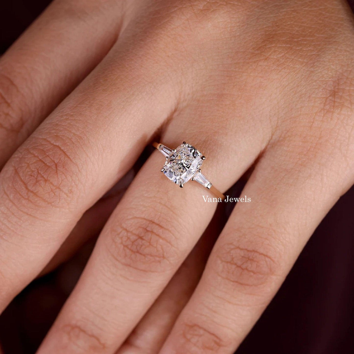 Cushion Cut Lab Created Diamond Three Stones Engagement Ring - Vana Jewels