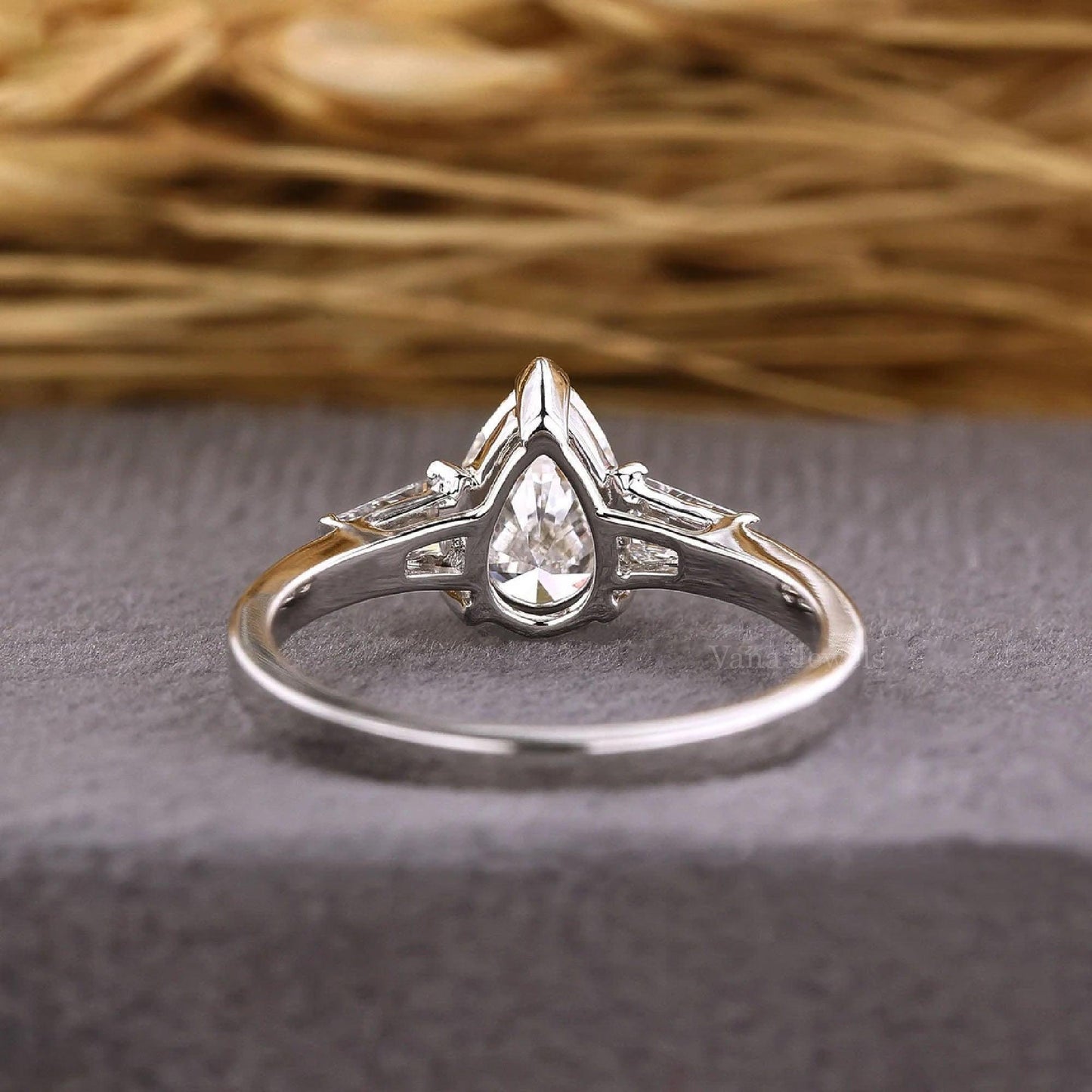 Pear Cut Lab Grown Diamond Three Stone Engagement Ring - Vana Jewels