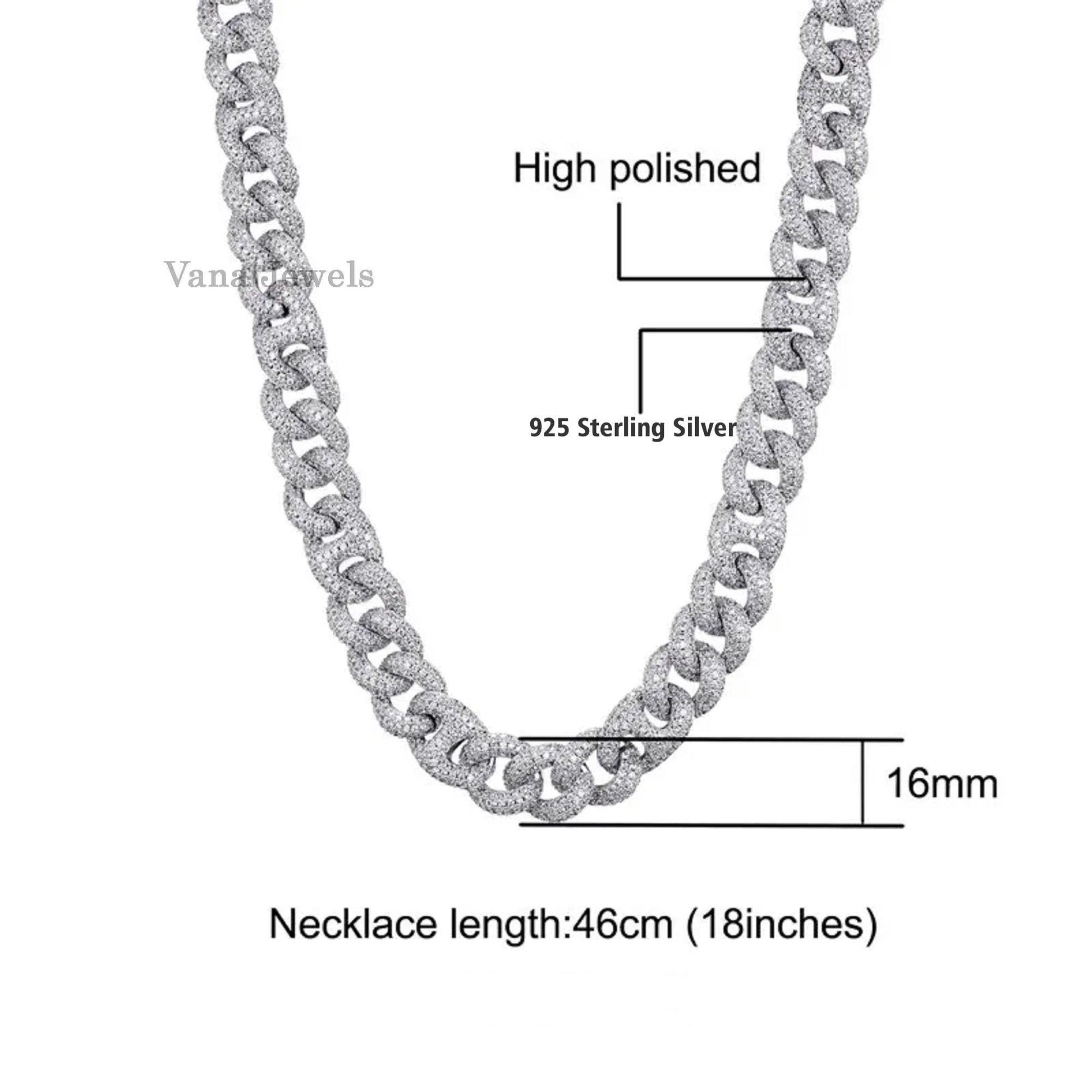 16MM VVS Moissanite Diamond 925 Sterling Silver Iced Cuban link chain - Vana Jewels