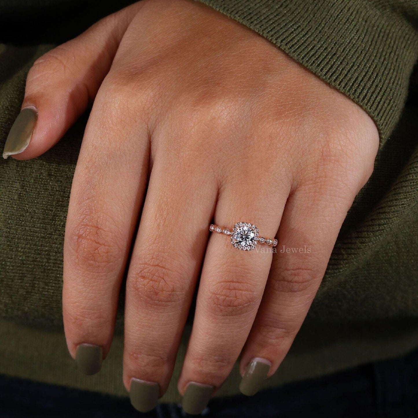 Round Lab Grown Diamond Halo | Pave Engagement Ring - Vana Jewels