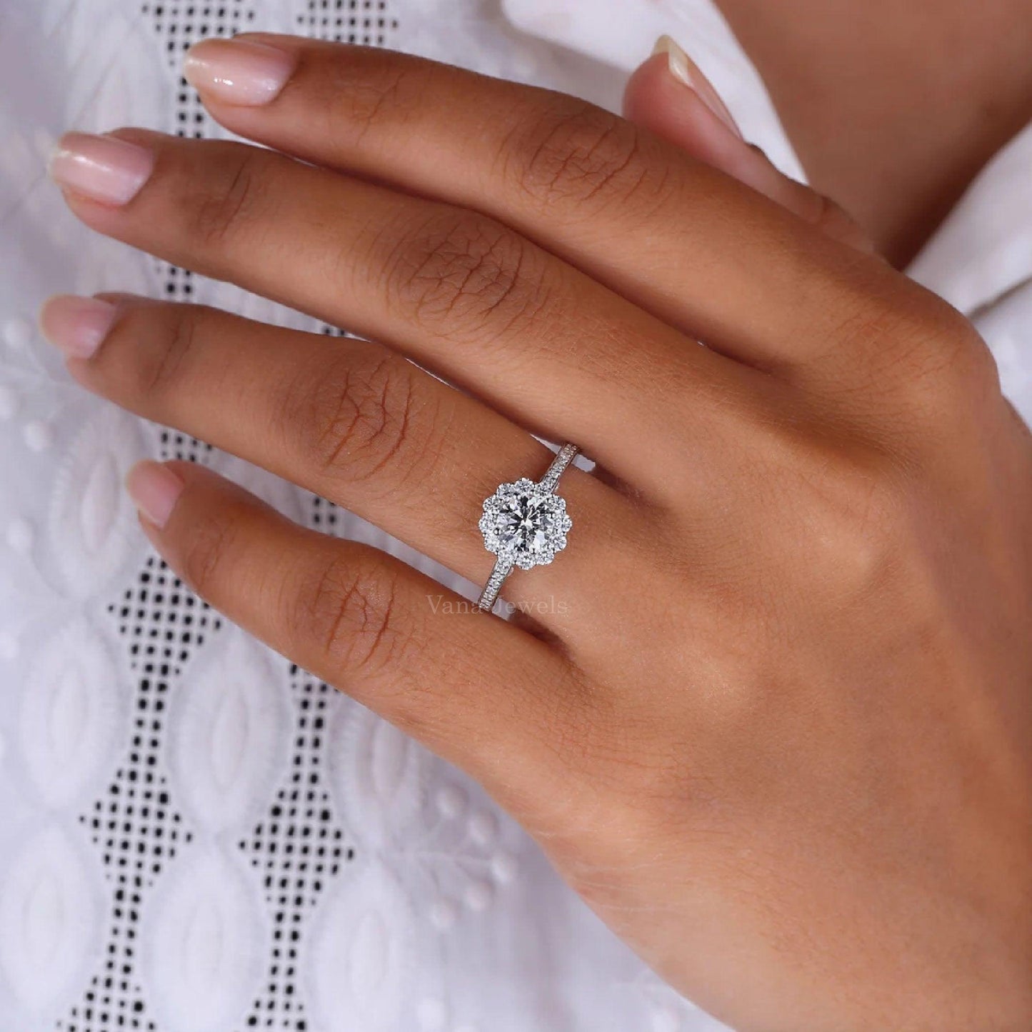 Round Brilliant Diamond Halo Engagement Ring with Pave Setting - Vana Jewels