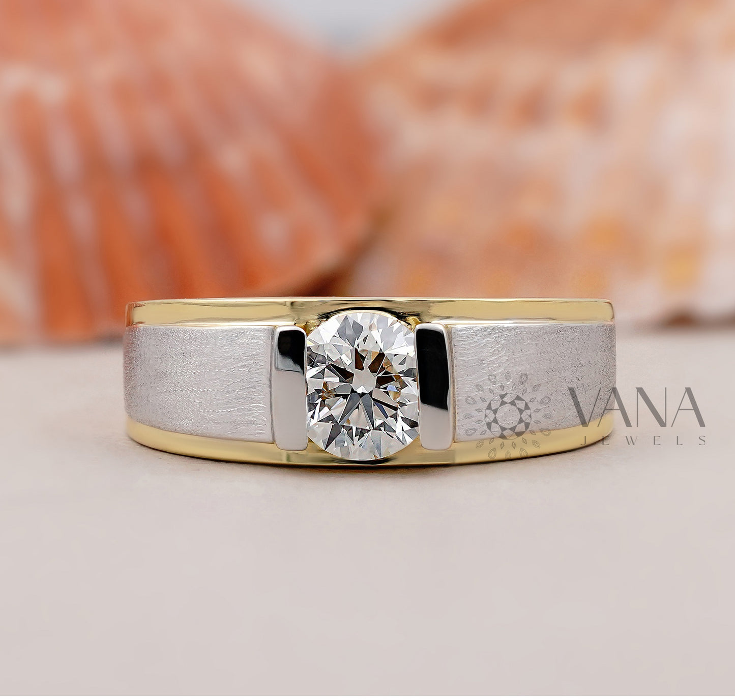 Men’s Lab Grown Diamond Ring in Two Tone Gold, Modern Bezel Set Statement Band