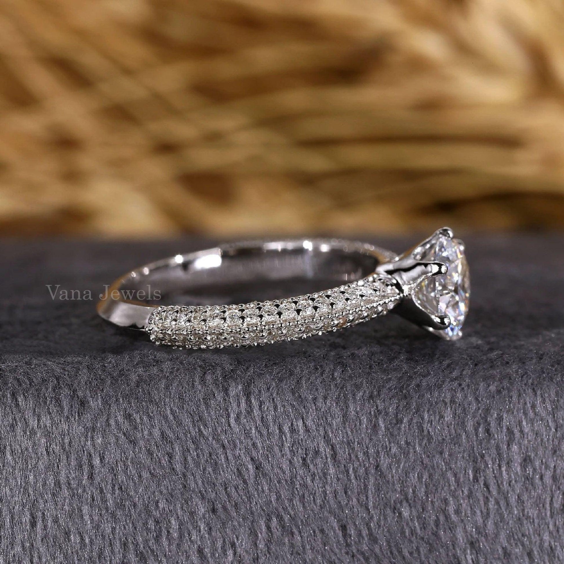 Round Lab Grown Diamond Engagement Ring, Knife Edge Wedding Band - Vana Jewels