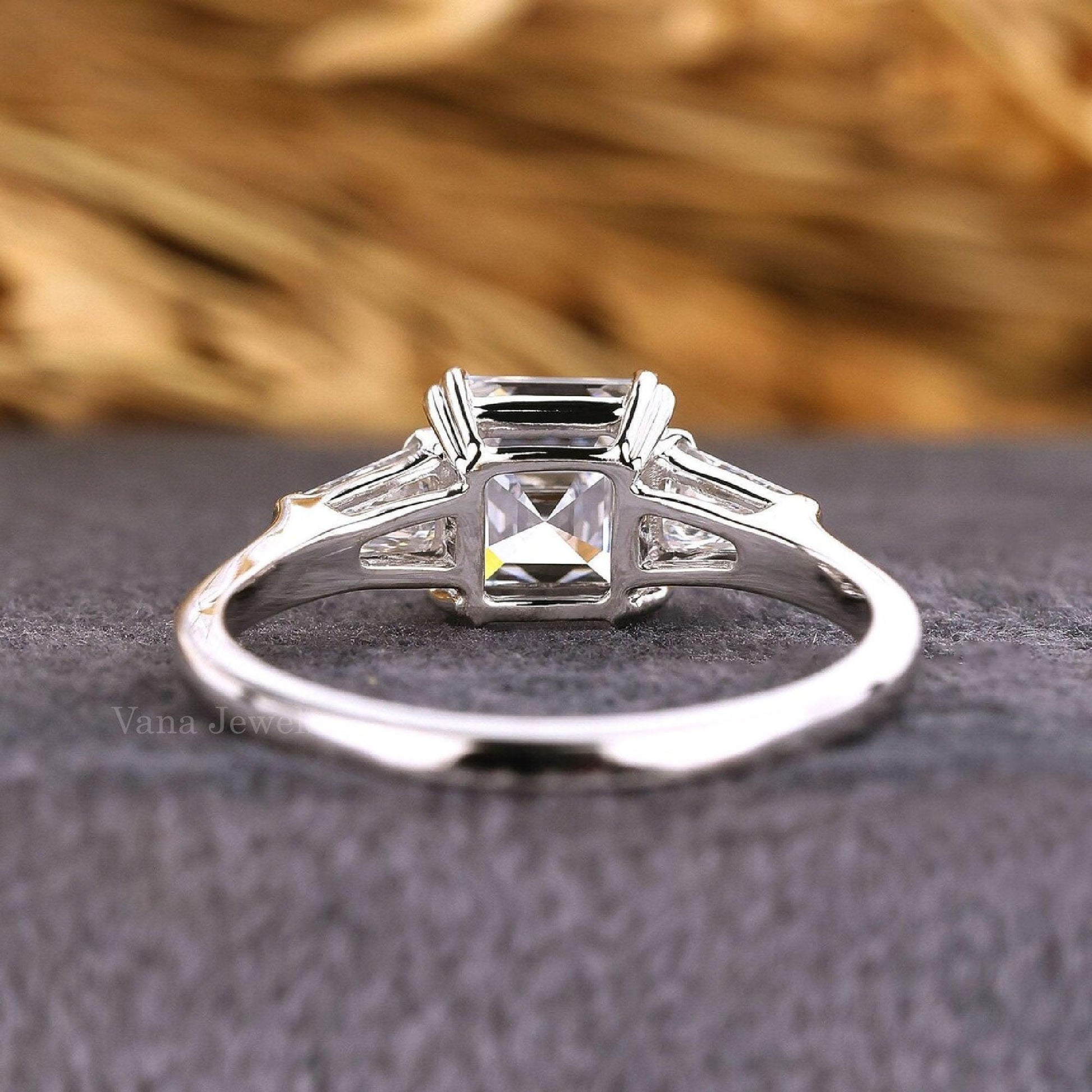 Unique Three Stone Asscher Cut Lab Grown Diamond Engagement Ring - Vana Jewels