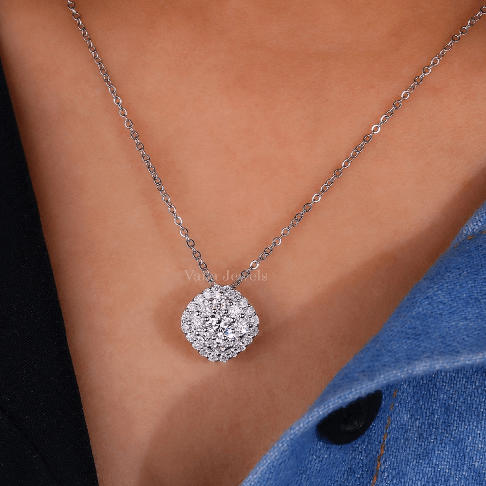 Round Lab Grown Diamond Double Halo Pendant Necklace - Vana Jewels