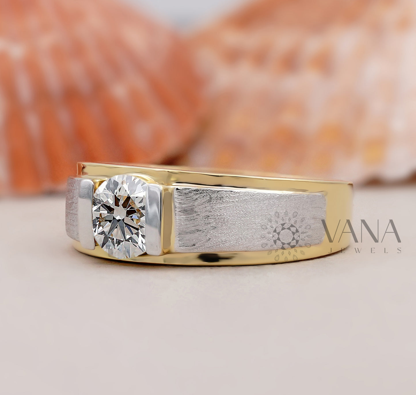 Men’s Lab Grown Diamond Ring in Two Tone Gold, Modern Bezel Set Statement Band