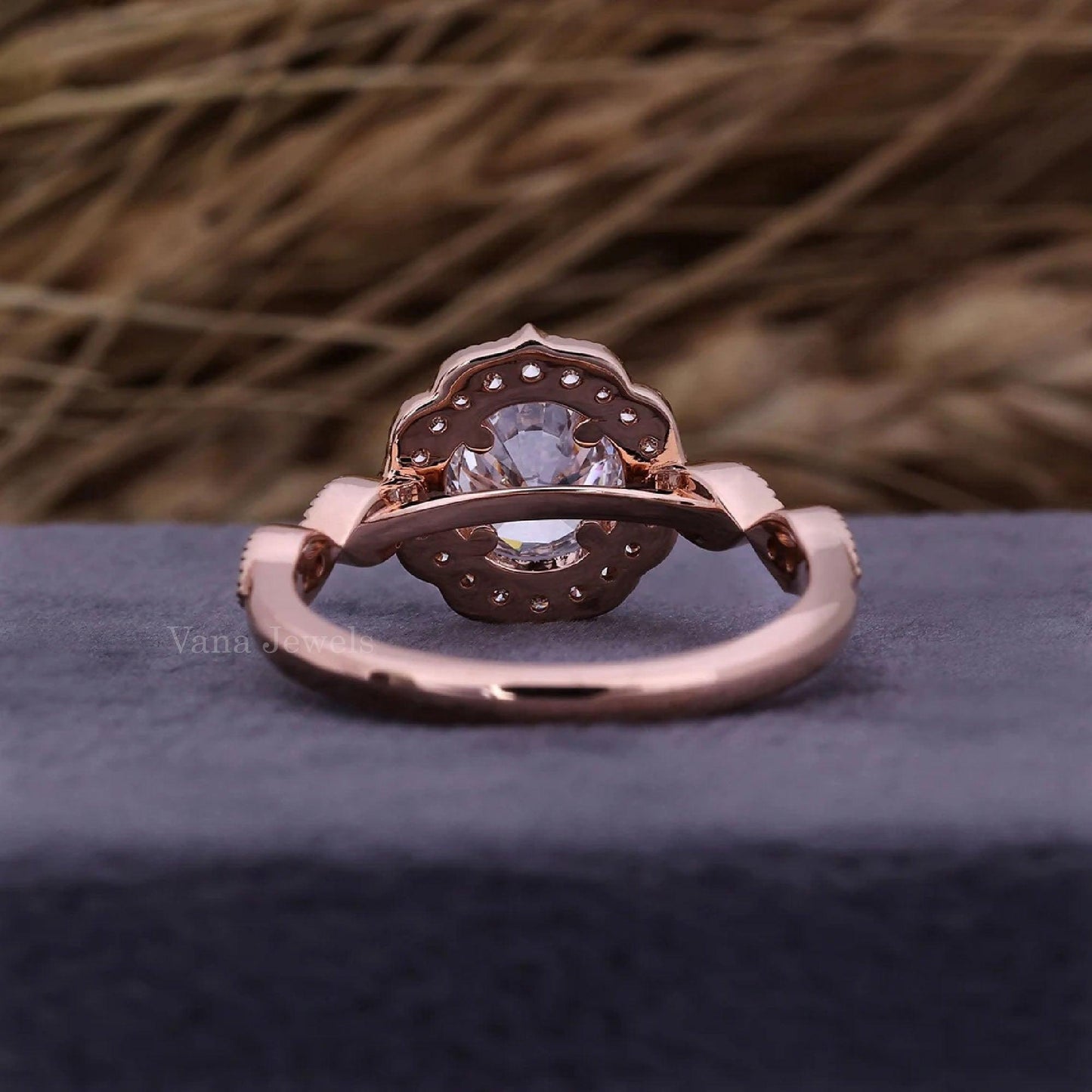 Round Hearts and Arrows Cut Diamond Ring, Unique Halo Lab Grown Diamond Engagement Ring - Vana Jewels