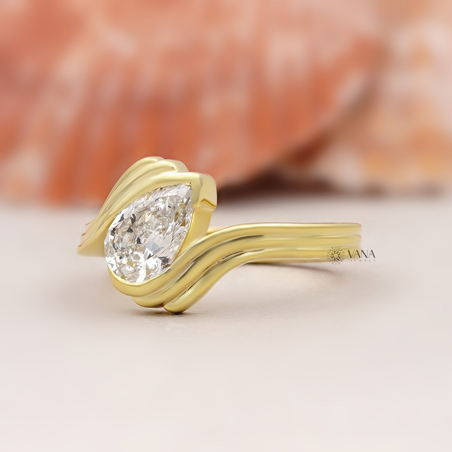 Pear Cut Lab Grown Diamond Solitaire Engagement Ring with Unique Bypass Shank