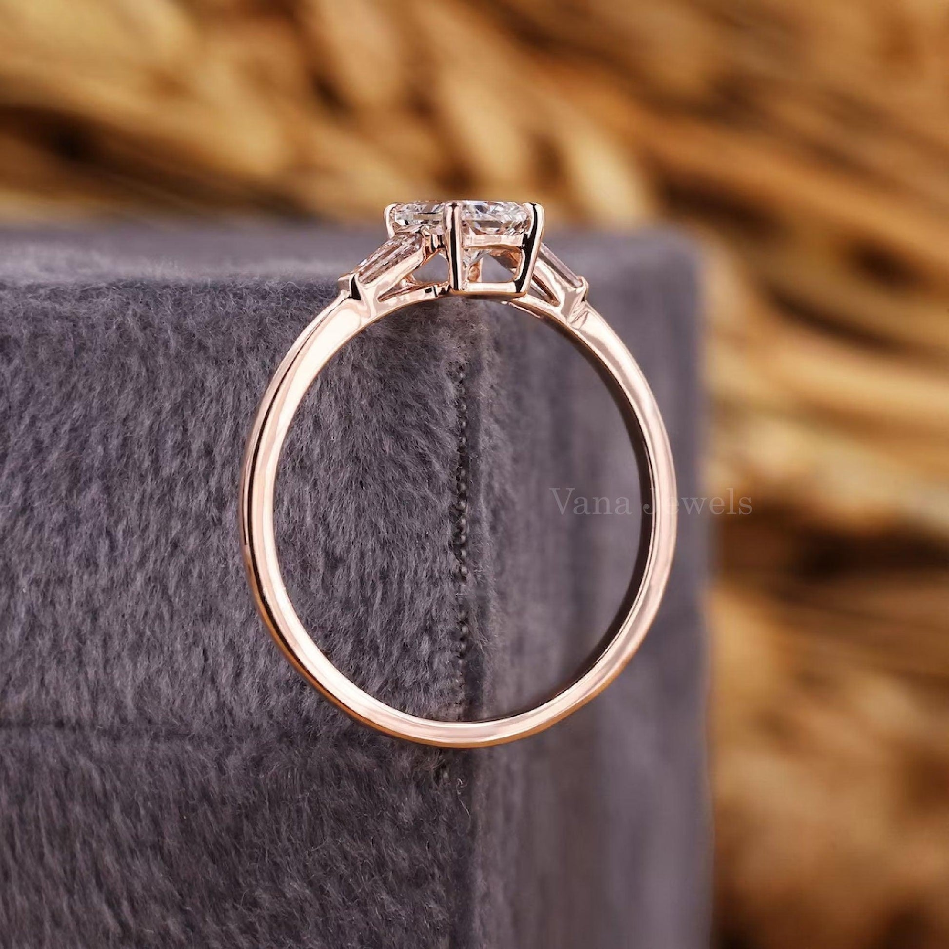 Radiant Cut Lab Grown Diamond Engagement Ring with Baguette Accents in Rose Gold - Vana Jewels