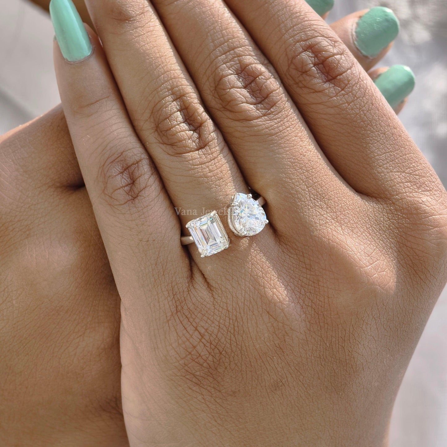 Pear & Emerald Cut Moissanite Two Stone Engagement Ring, Toi Et Moi Ring. - Vana Jewels