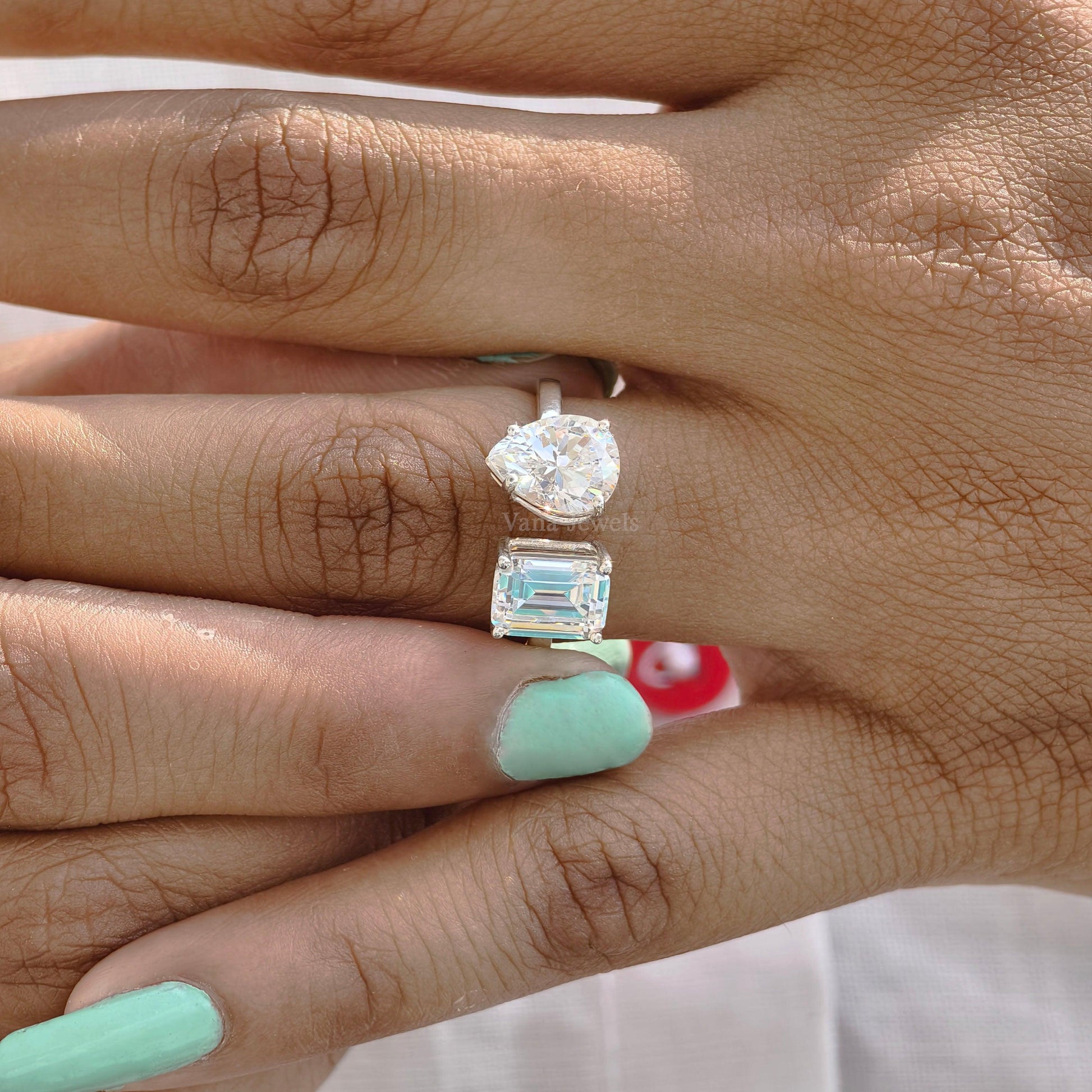 Pear & Emerald Cut Moissanite Two Stone Engagement Ring, Toi Et Moi Ring. - Vana Jewels